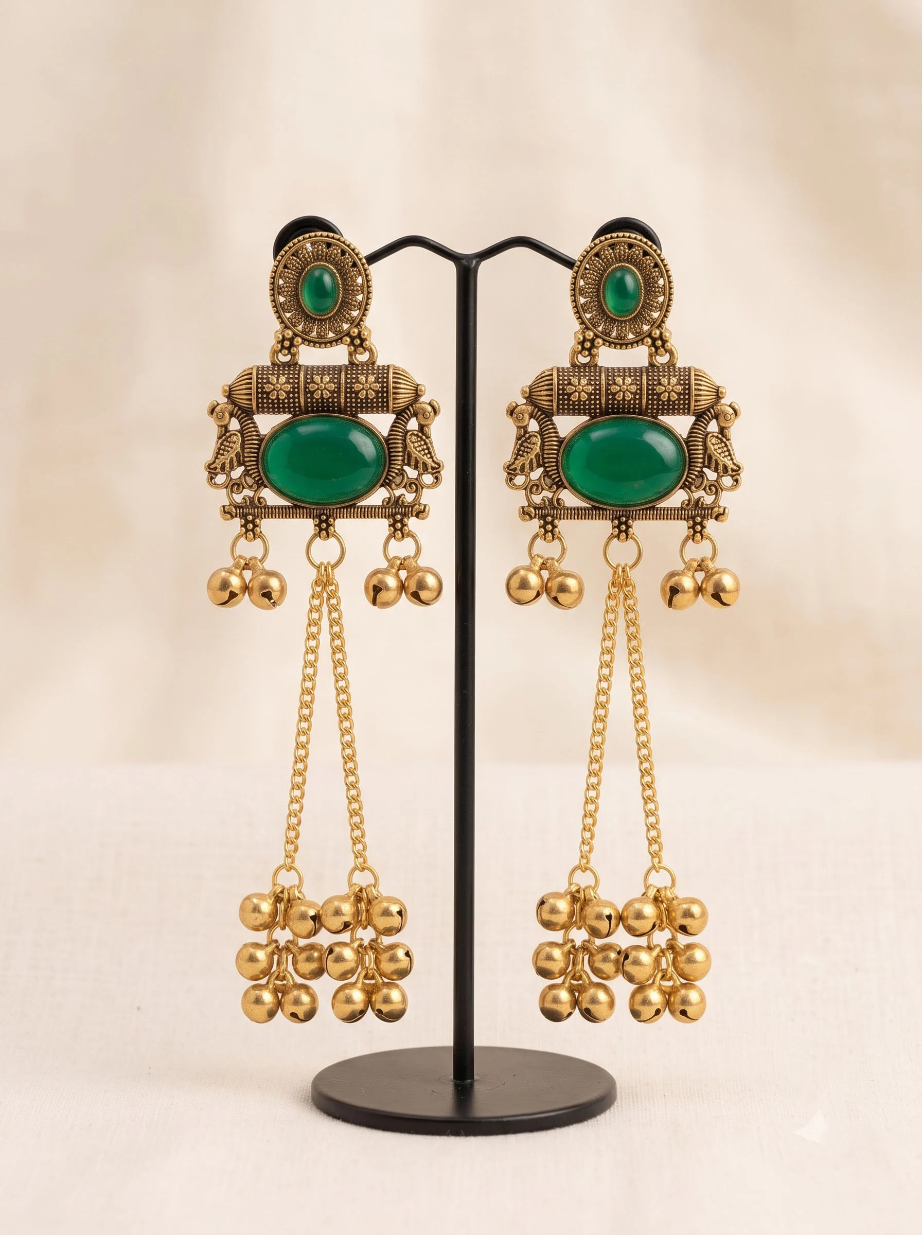 Emerald Green Stone Antique Gold Statement Earrings - Image 2