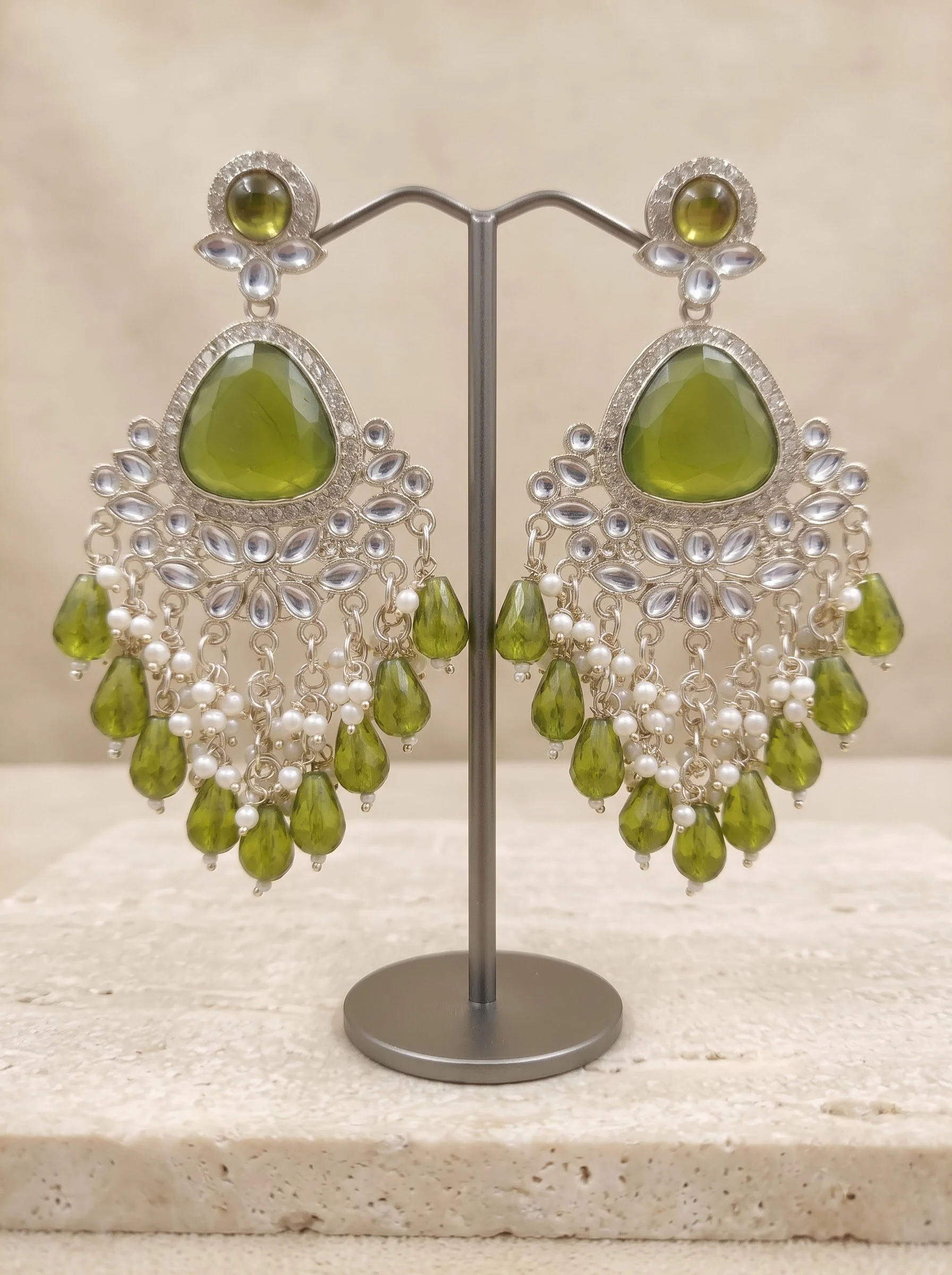 Olive Green Kundan Dangler Earrings