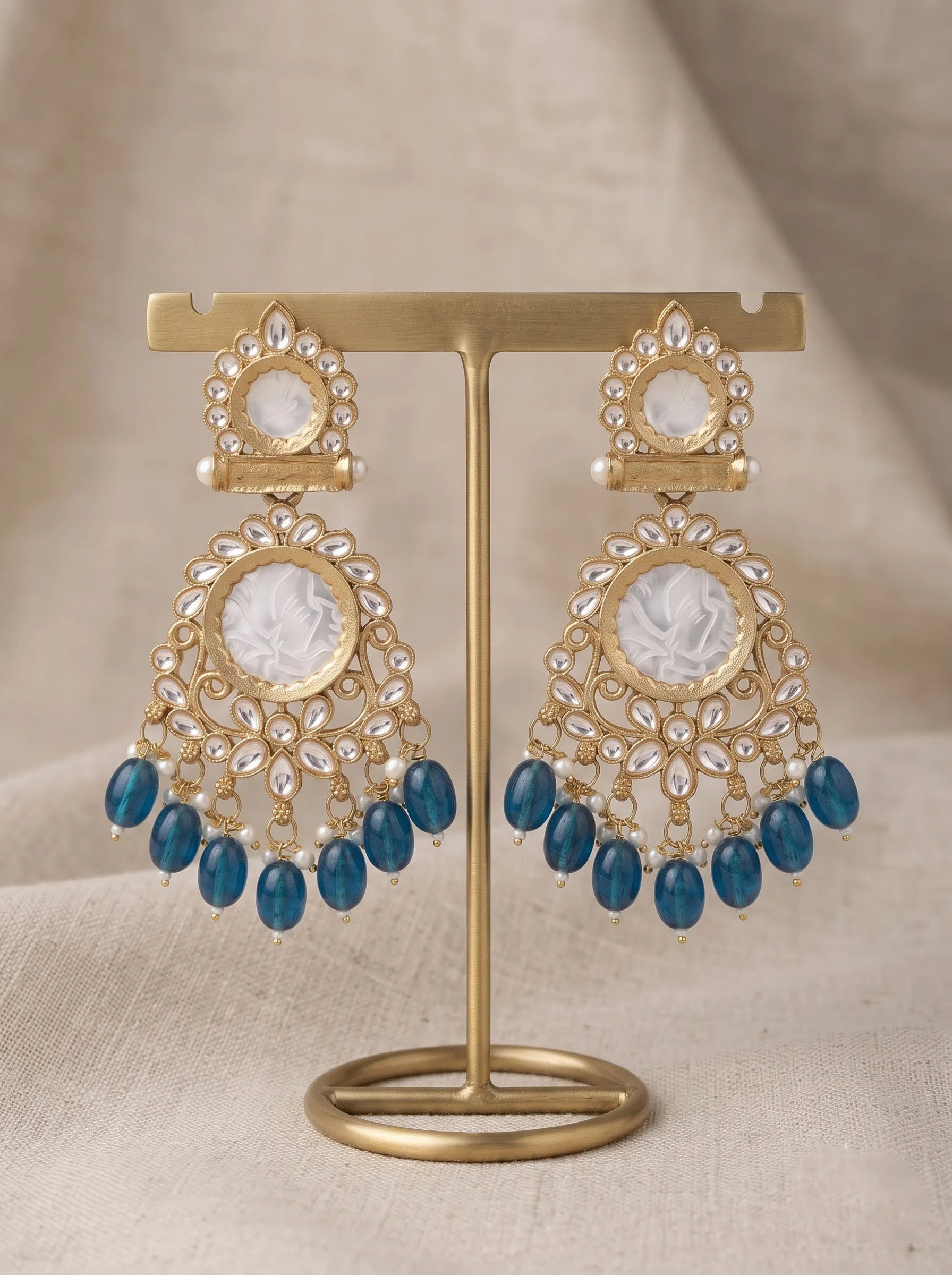Gold Kundan Blue Bead Earrings - Image 2