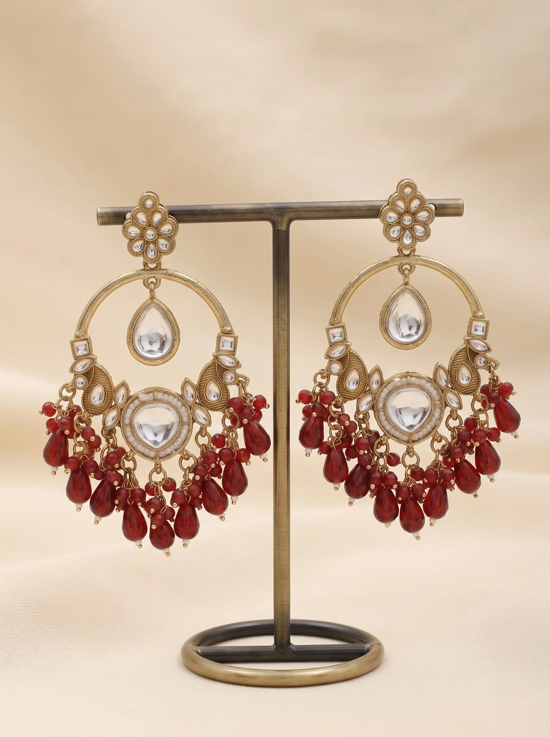 Maroon Kundan Chandbali Earrings - Image 2