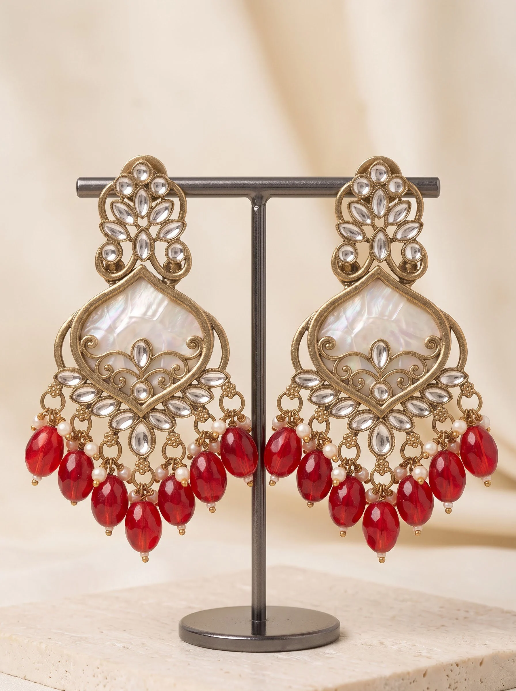 Red Kundan Dangler Earrings - Image 3
