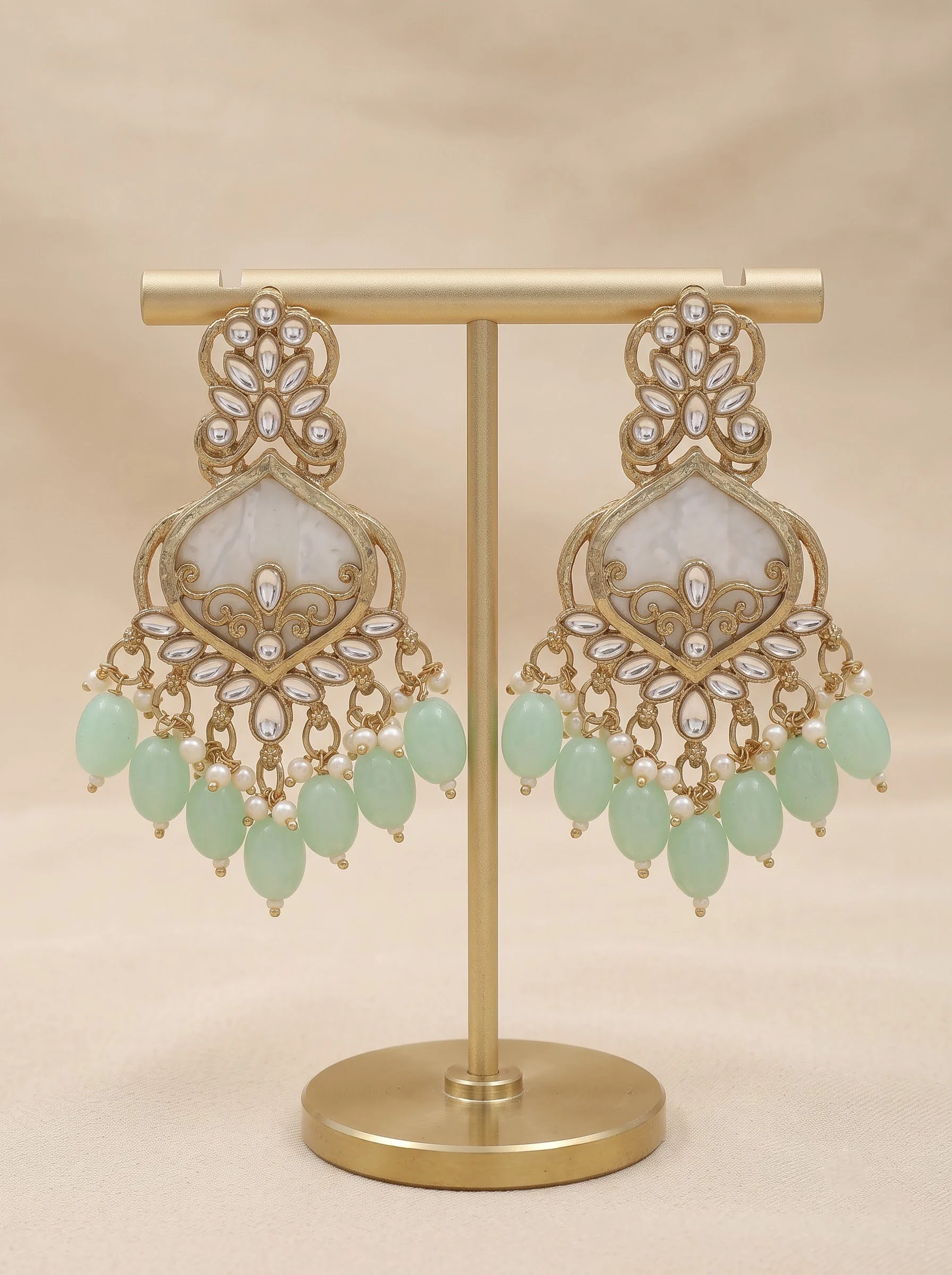 Mint Green Kundan Dangler Earrings - Image 4