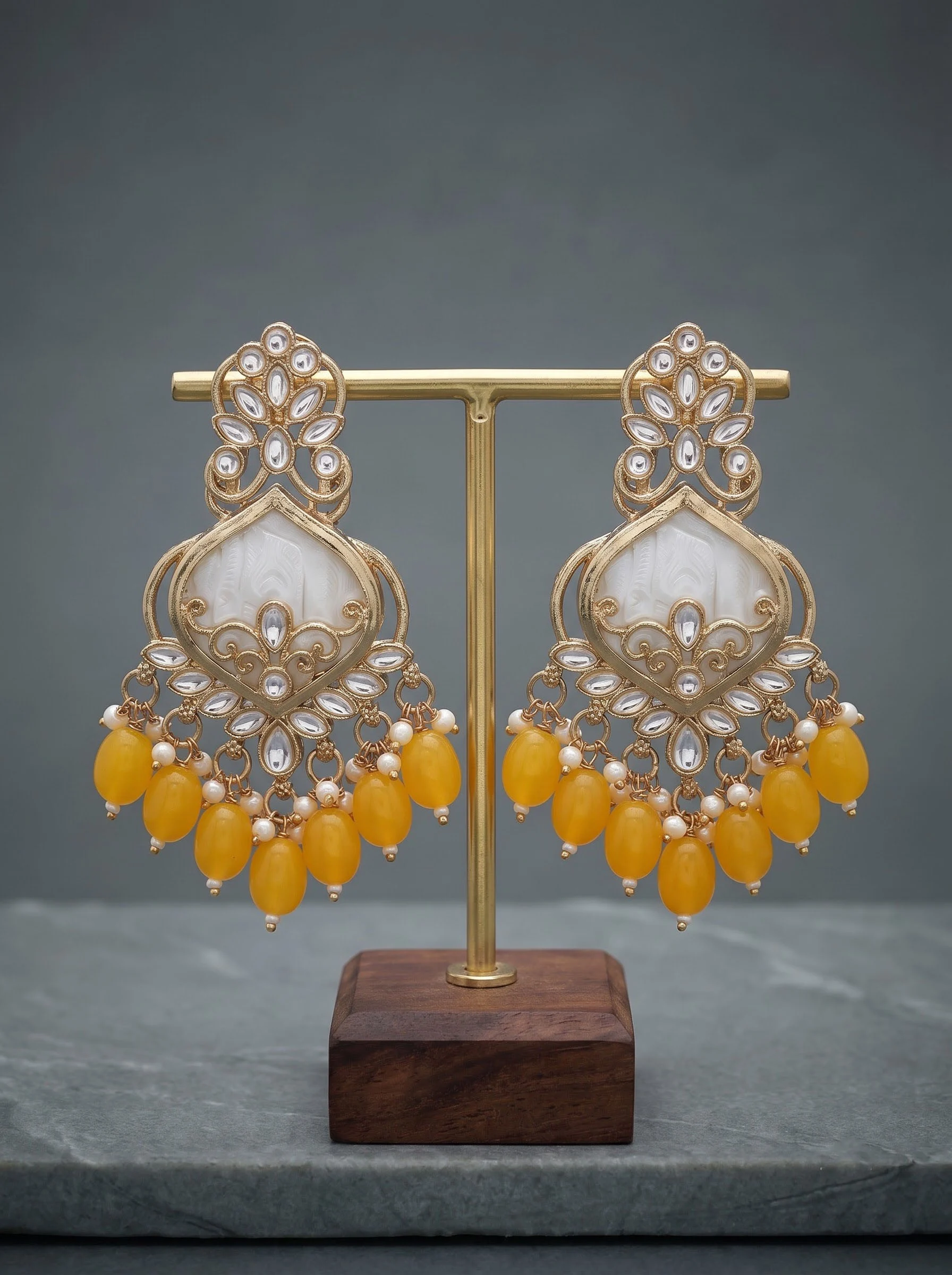 Yellow Kundan Dangler Earrings