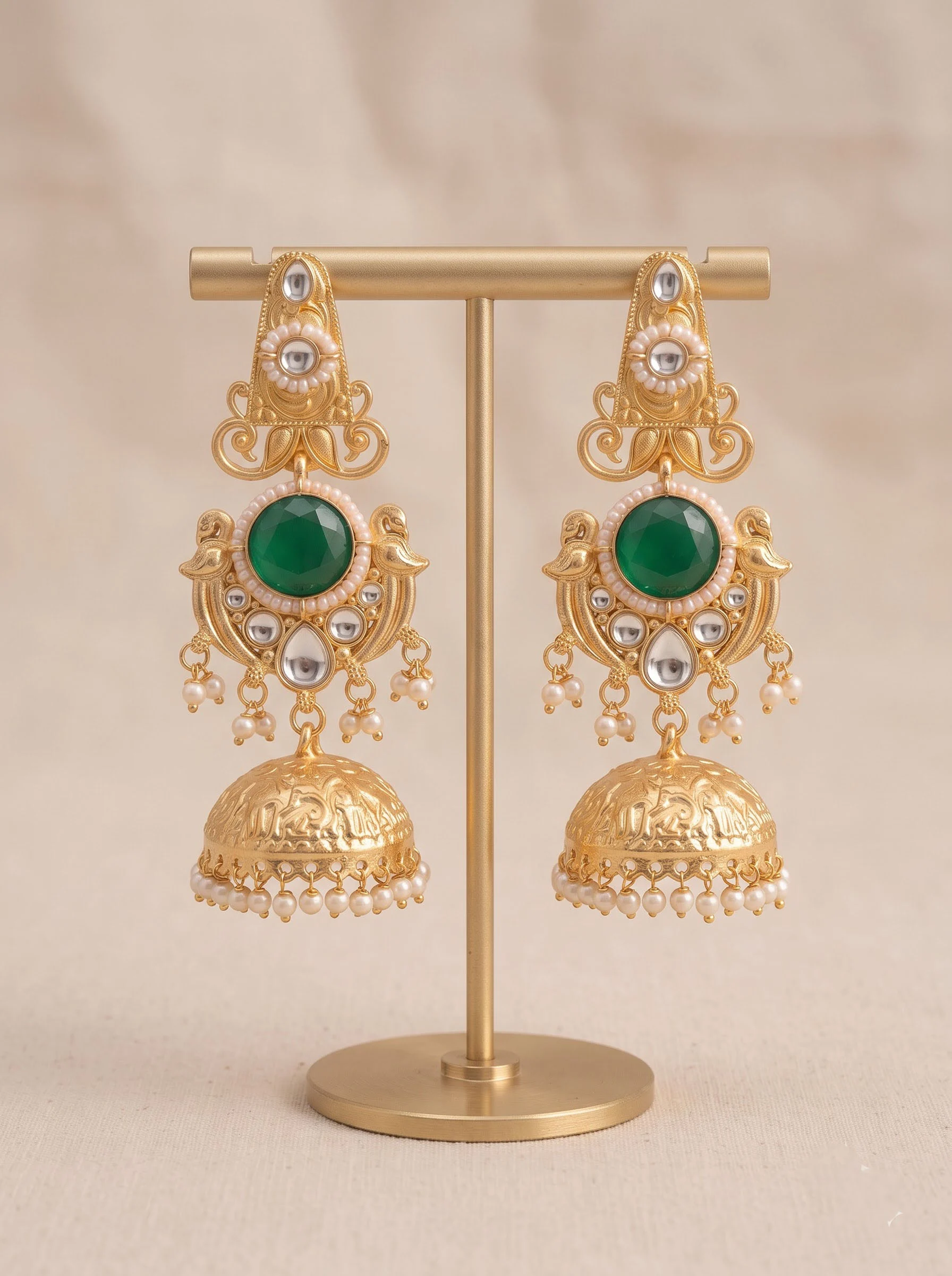 Green Stone Jhumka Earrings - Image 5