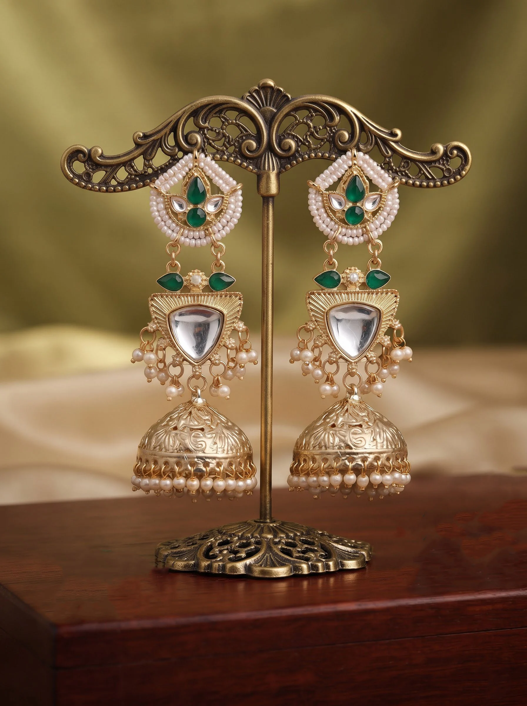 Elegant Green Kundan Jhumka Earrings