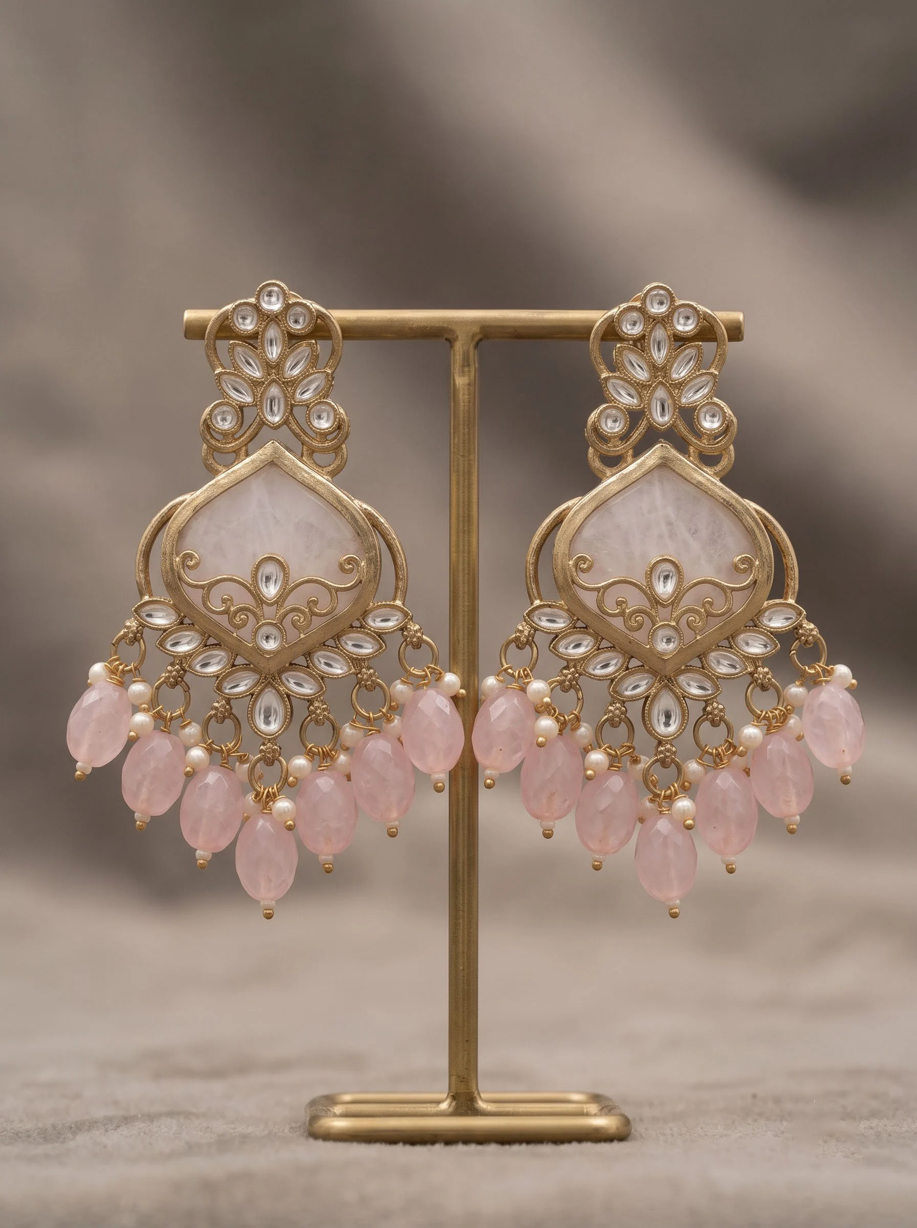 Pink Kundan Dangler Earrings - Image 3