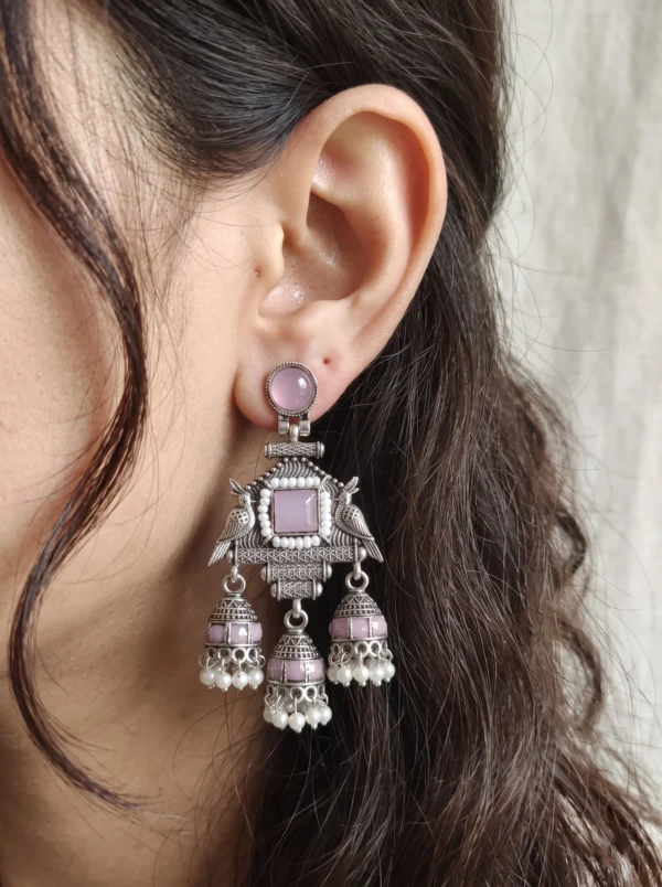 Baby Pink Oxidised Jhumka Earrings - Image 4