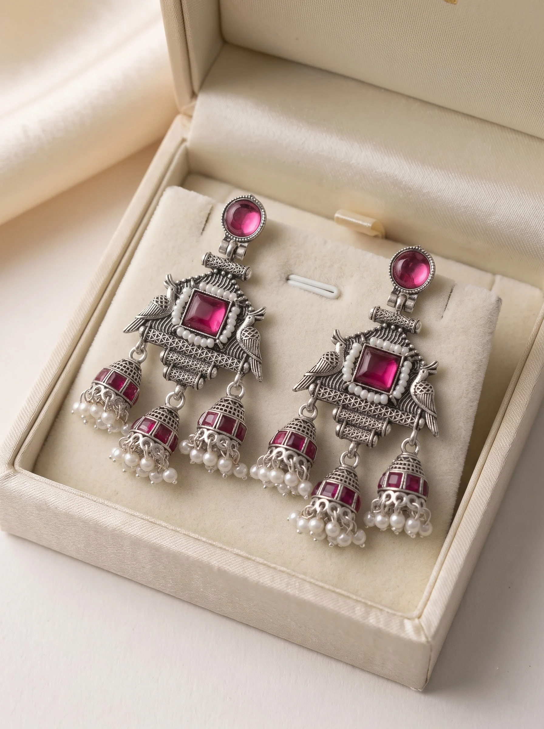 Pink Pearl Jhumka Earrings - Image 3