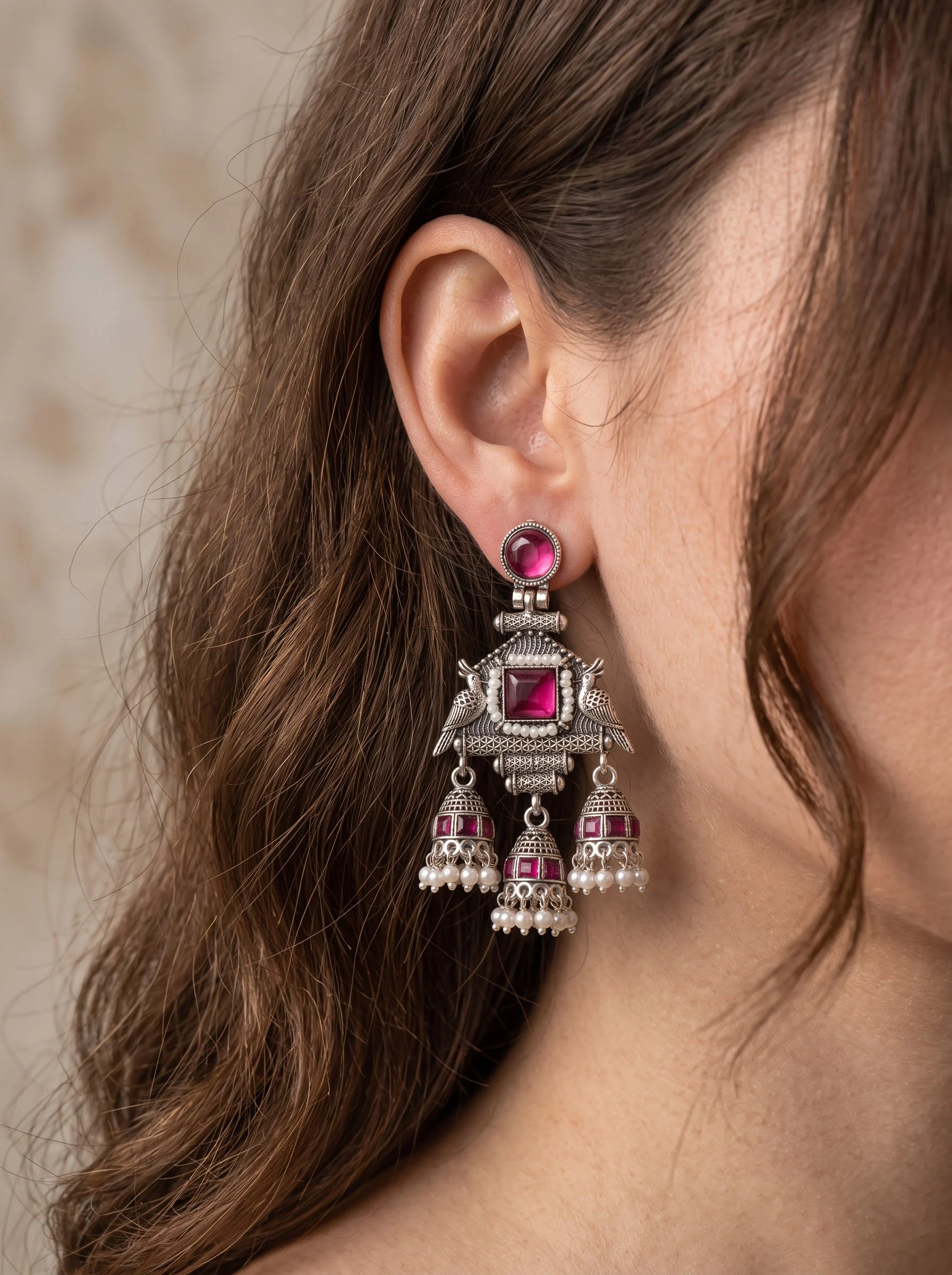 Pink Pearl Jhumka Earrings - Image 5