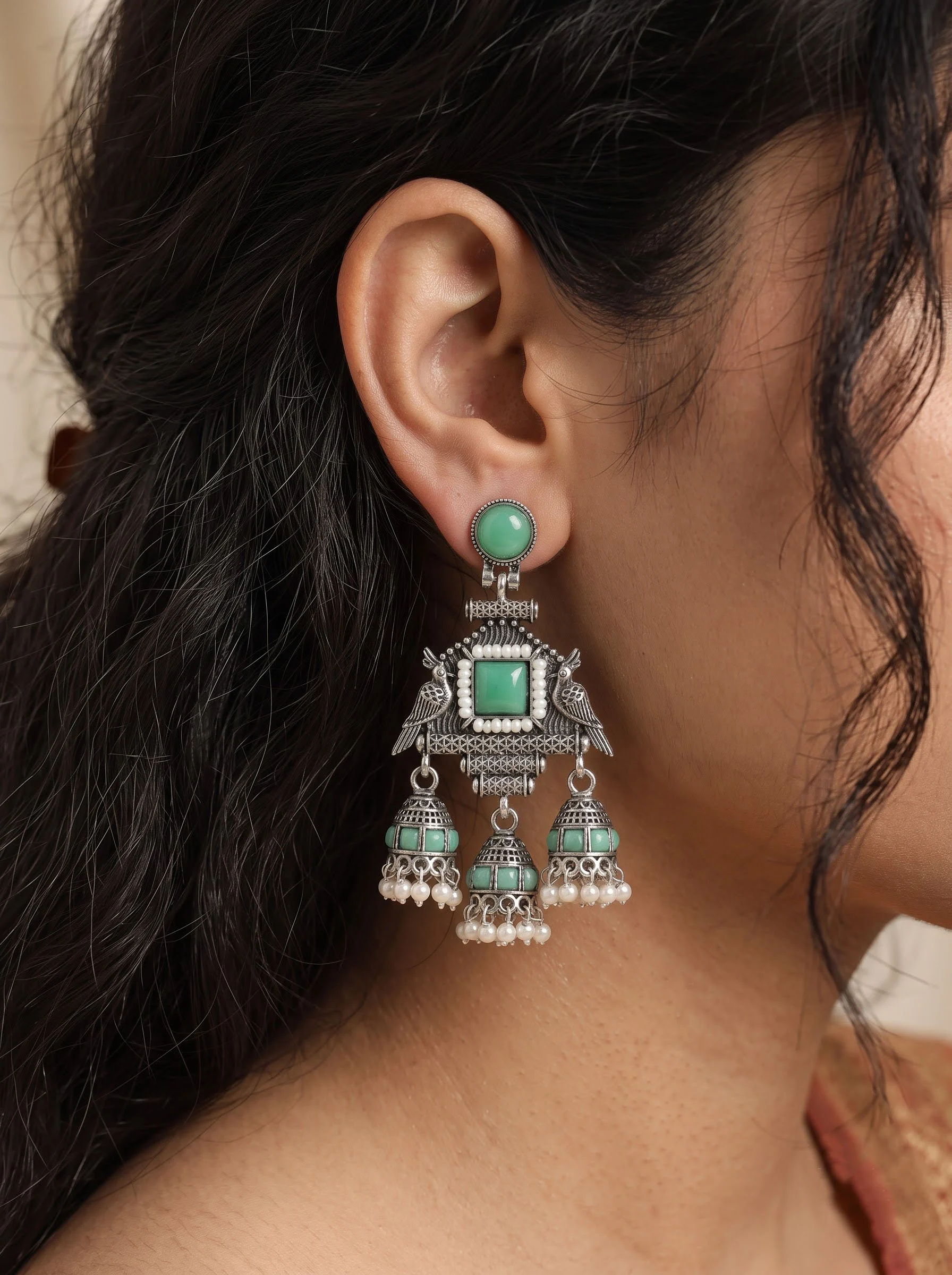 Mint Pearl Jhumka Earrings - Image 5