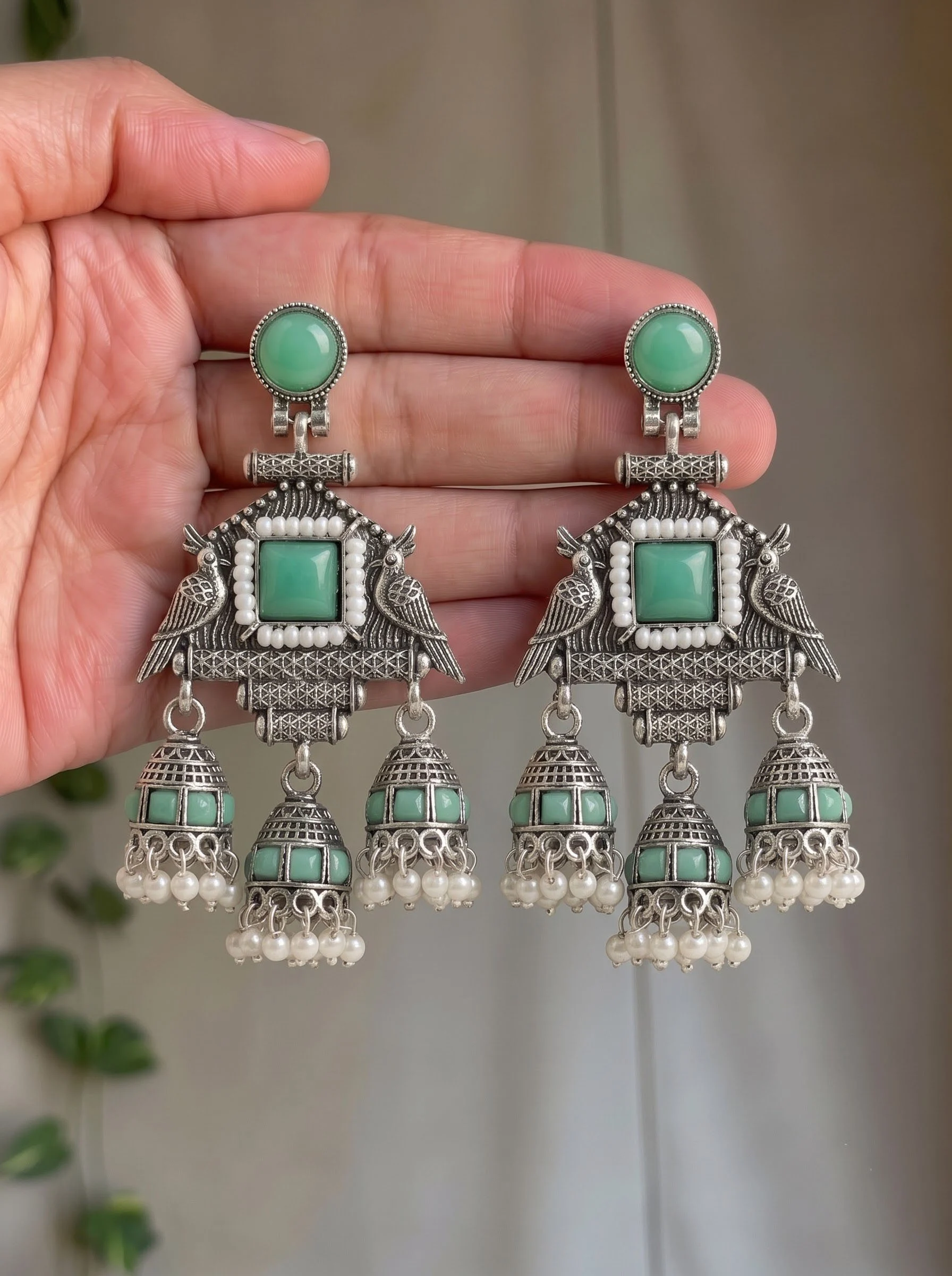 Mint Pearl Jhumka Earrings - Image 4