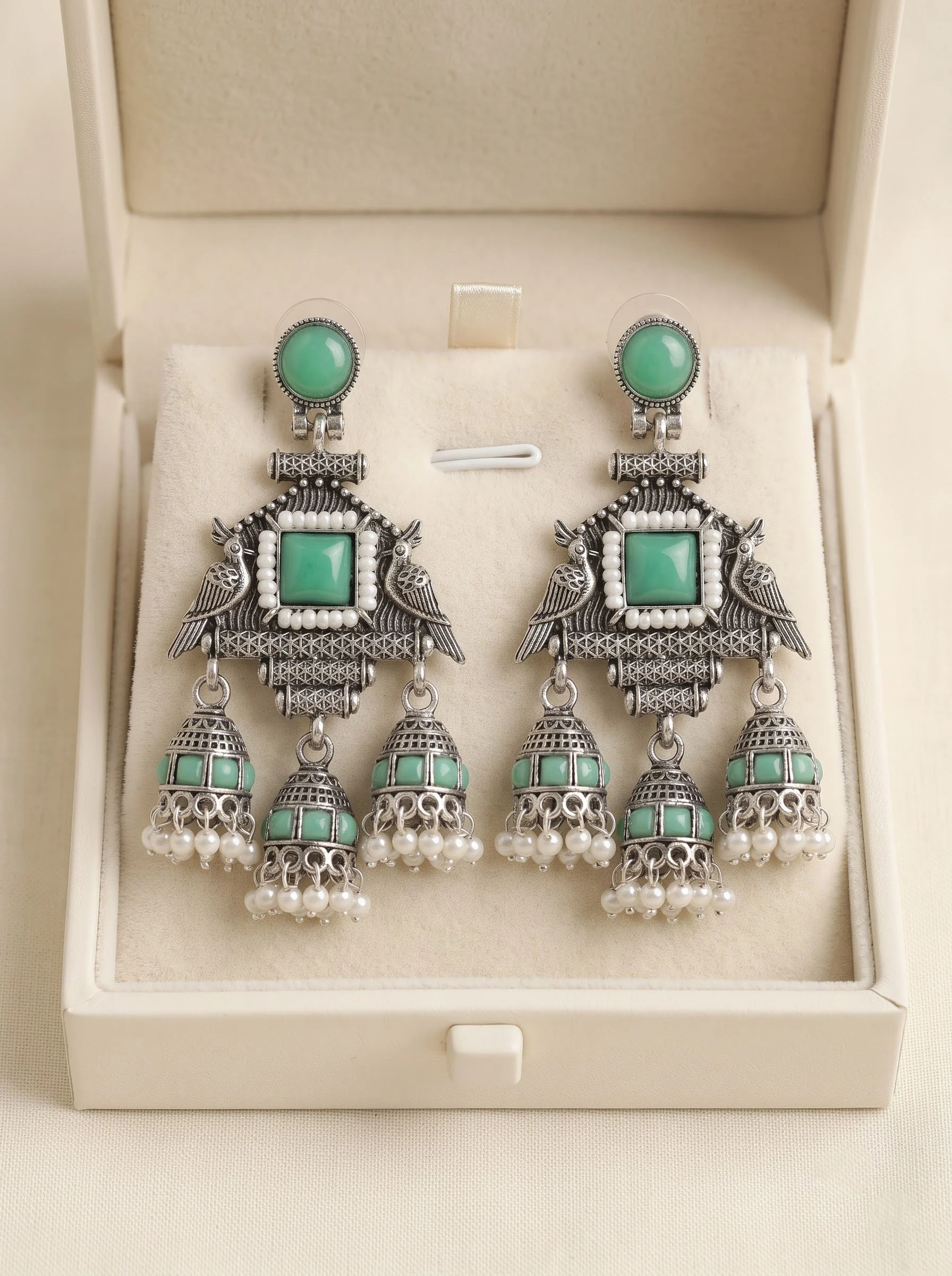 Mint Pearl Jhumka Earrings - Image 3