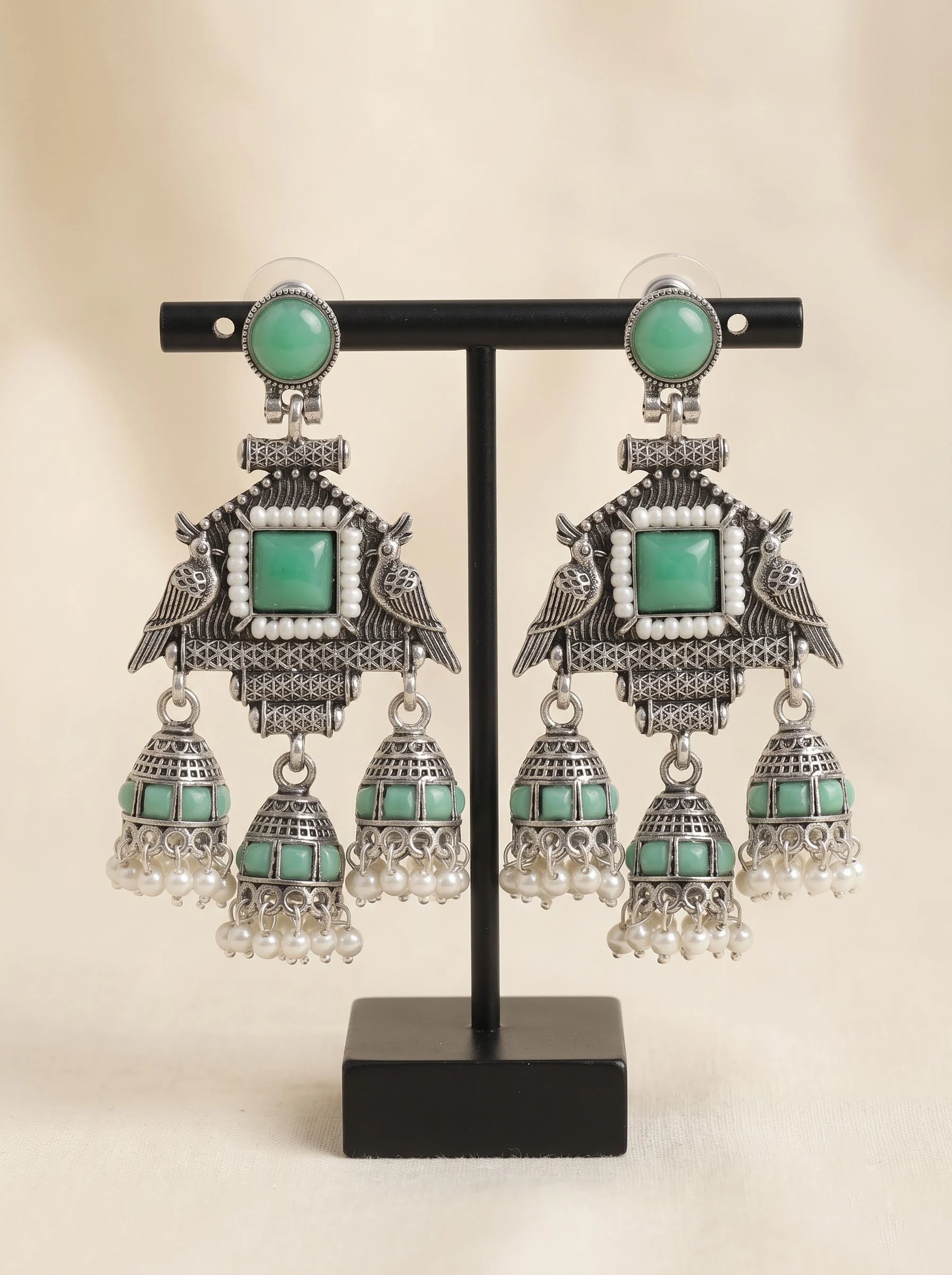 Mint Pearl Jhumka Earrings - Image 2
