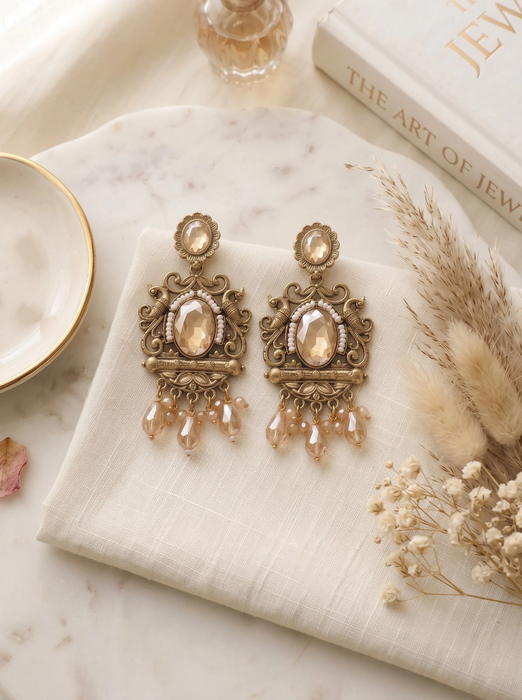Peach Stone Antique Gold Earrings - Image 3