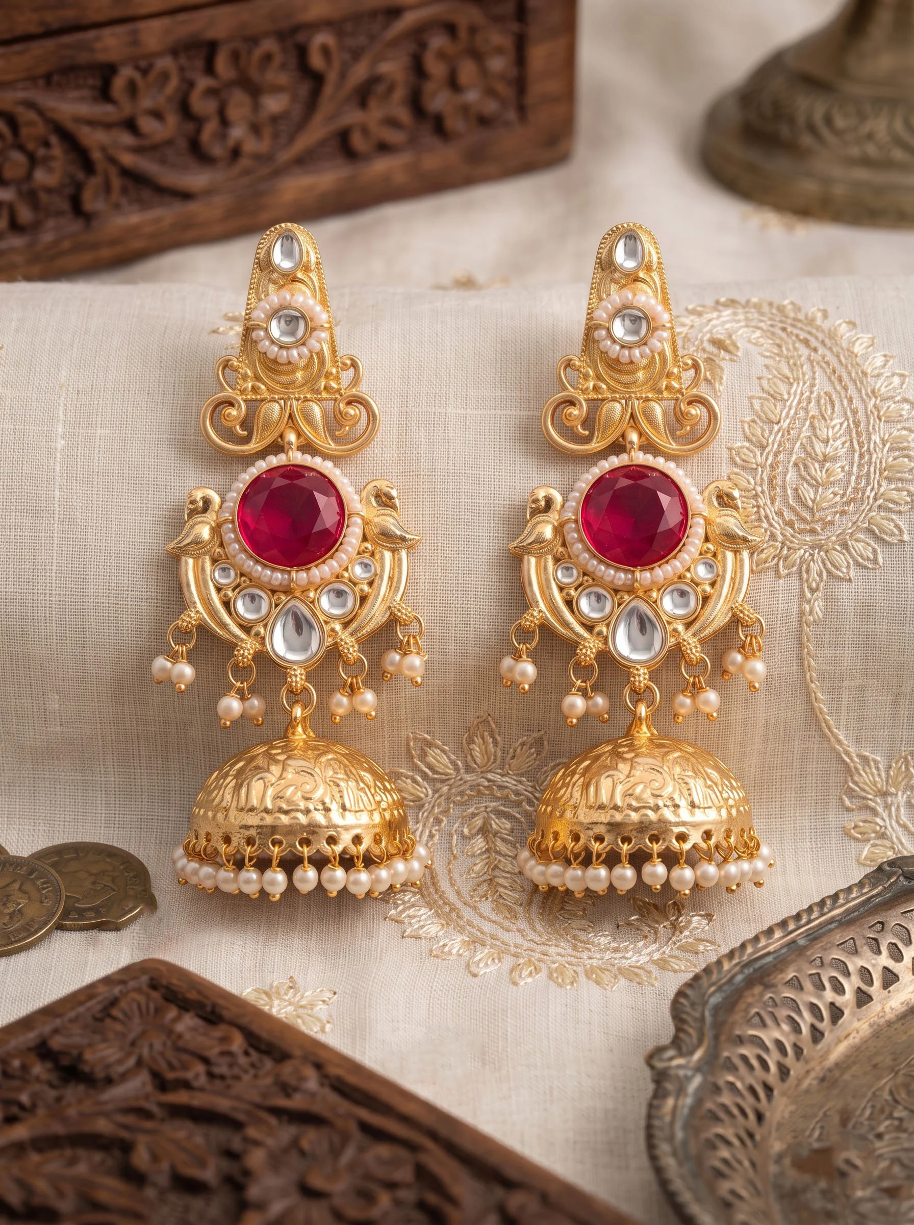 Red Stone Gold Jhumka Earrings - Image 2