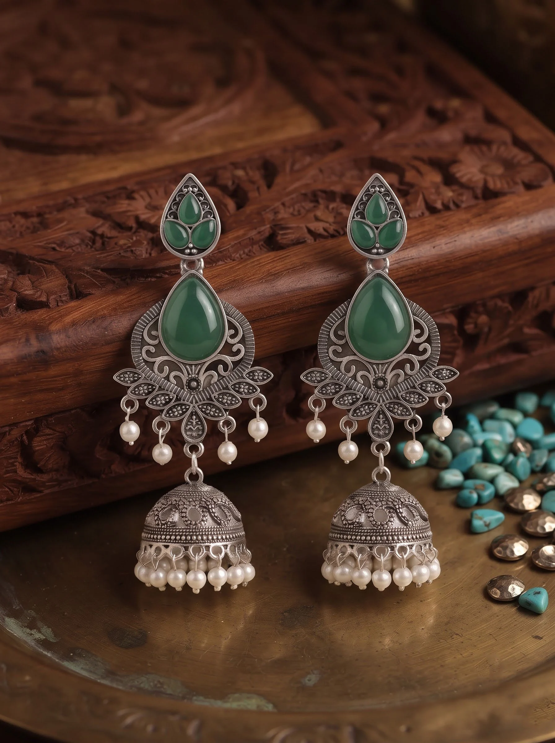 Emerald Pearl Jhumka Earrings
