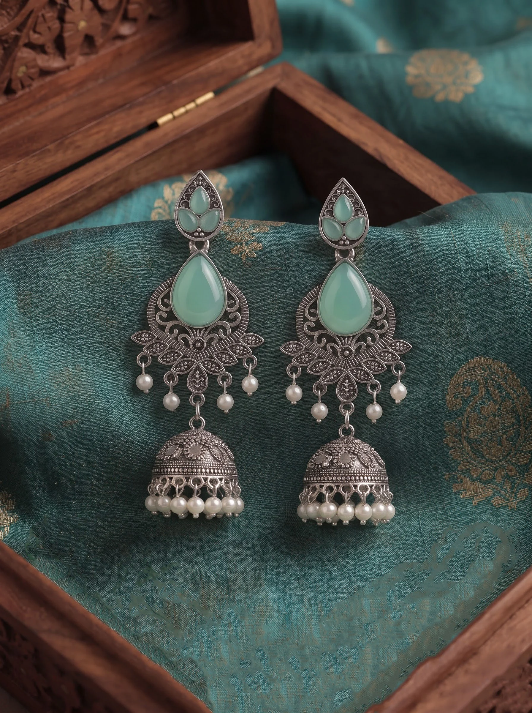 Green Stone Jhumka Earrings - Image 2