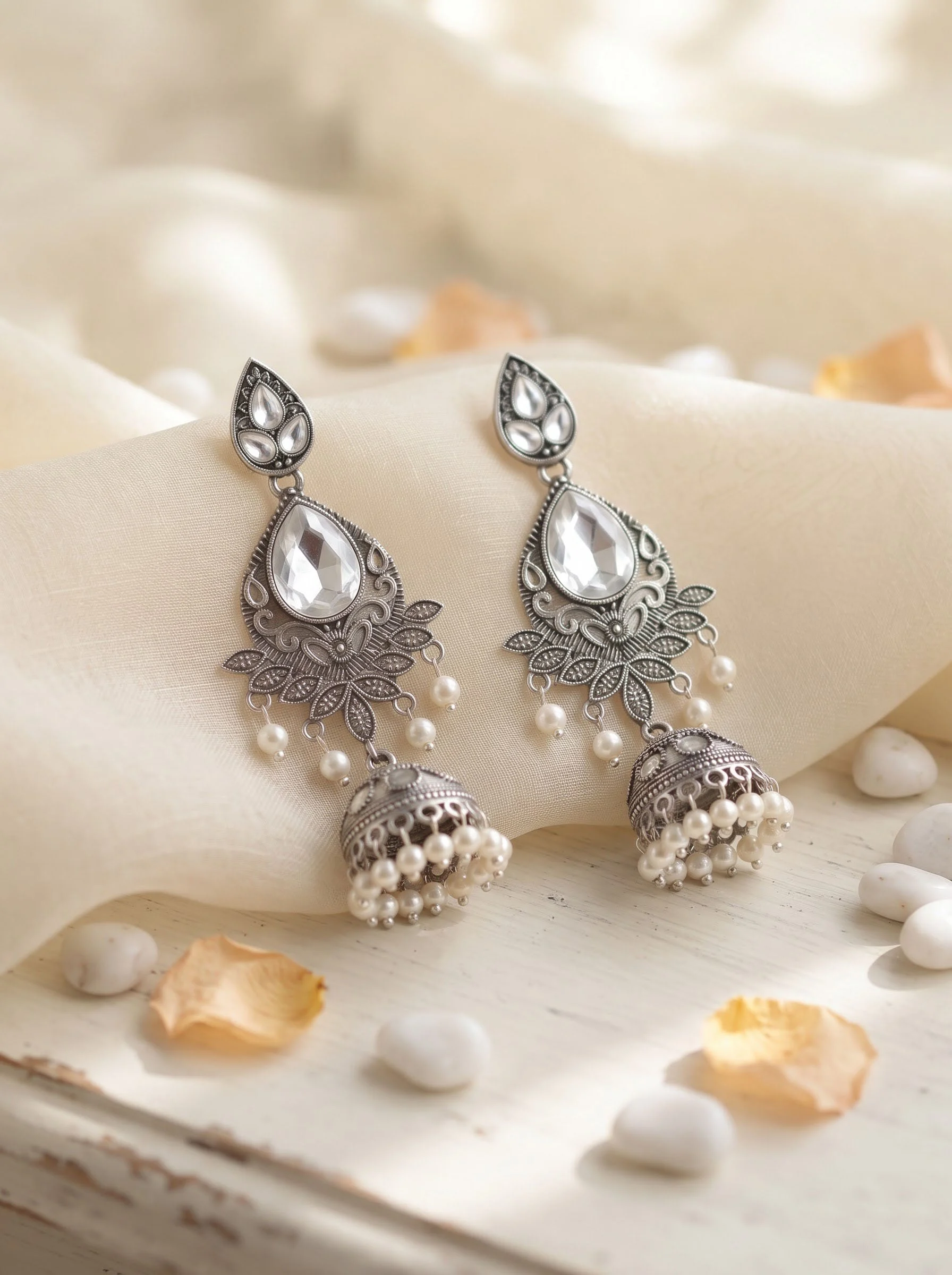 White Stone Silver Jhumka Earrings - Image 4