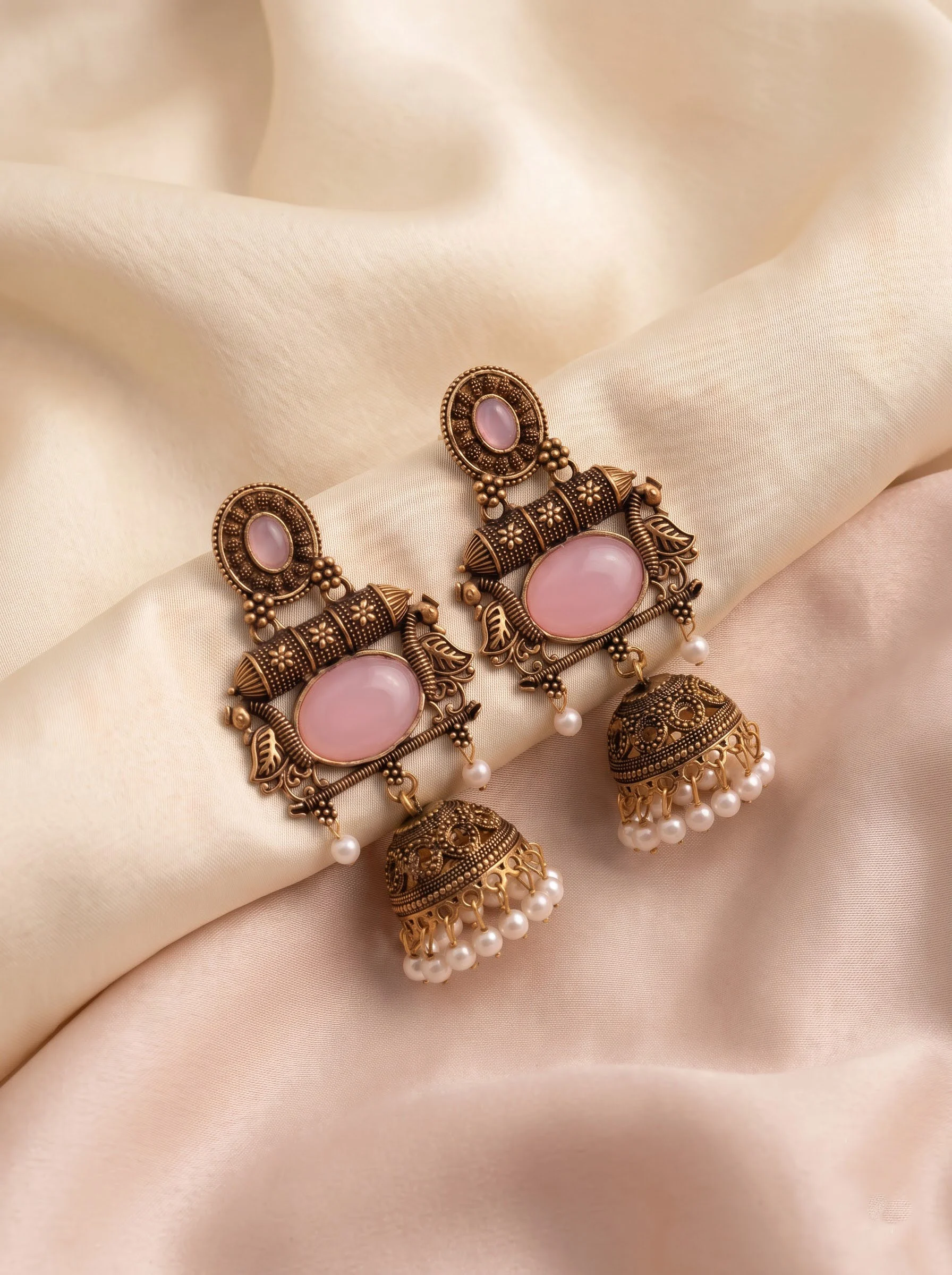 Pink Stone Antique Jhumka Earrings - Image 2