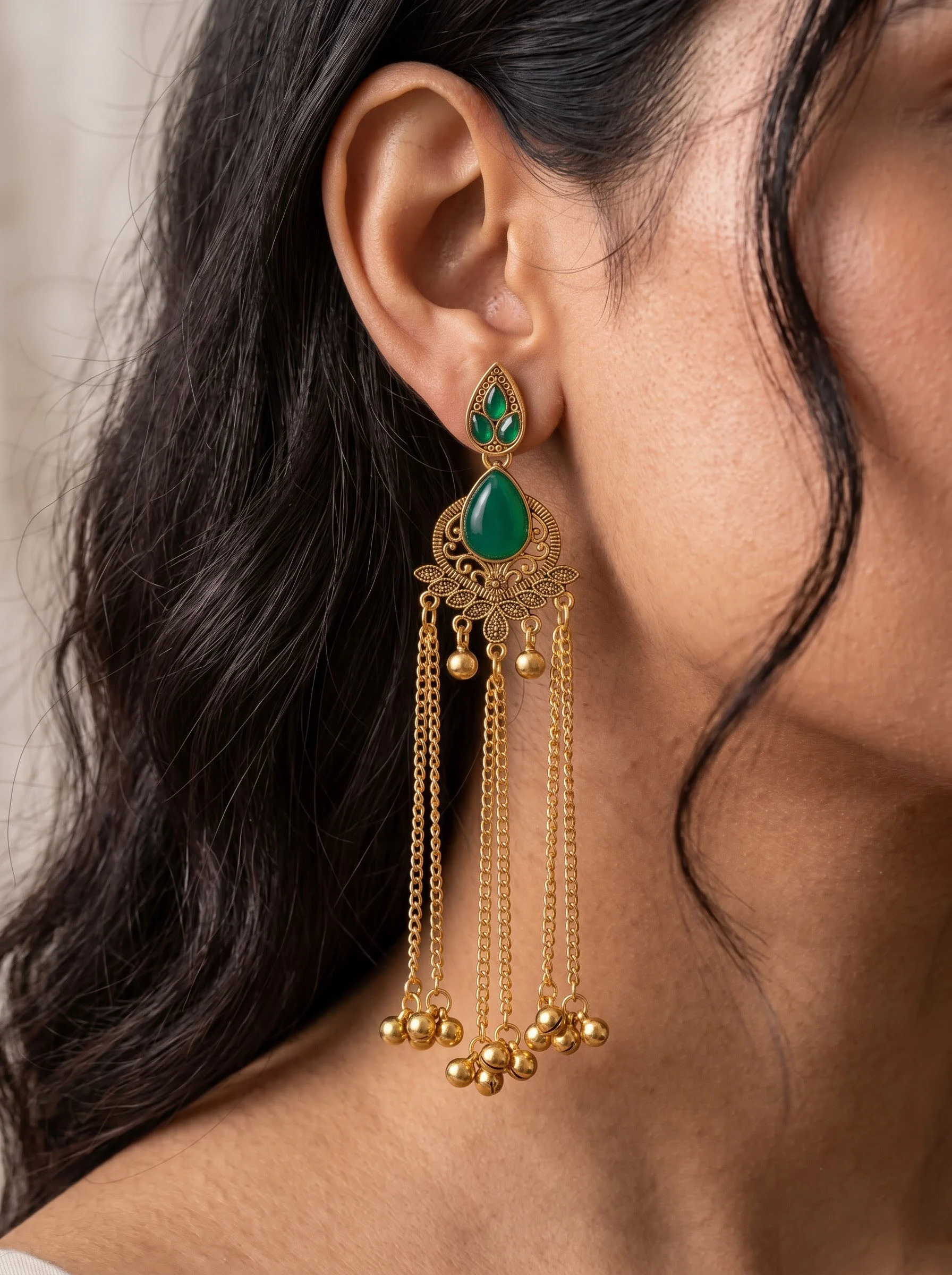Emerald Green Antique Gold Tassel Earrings - Image 2