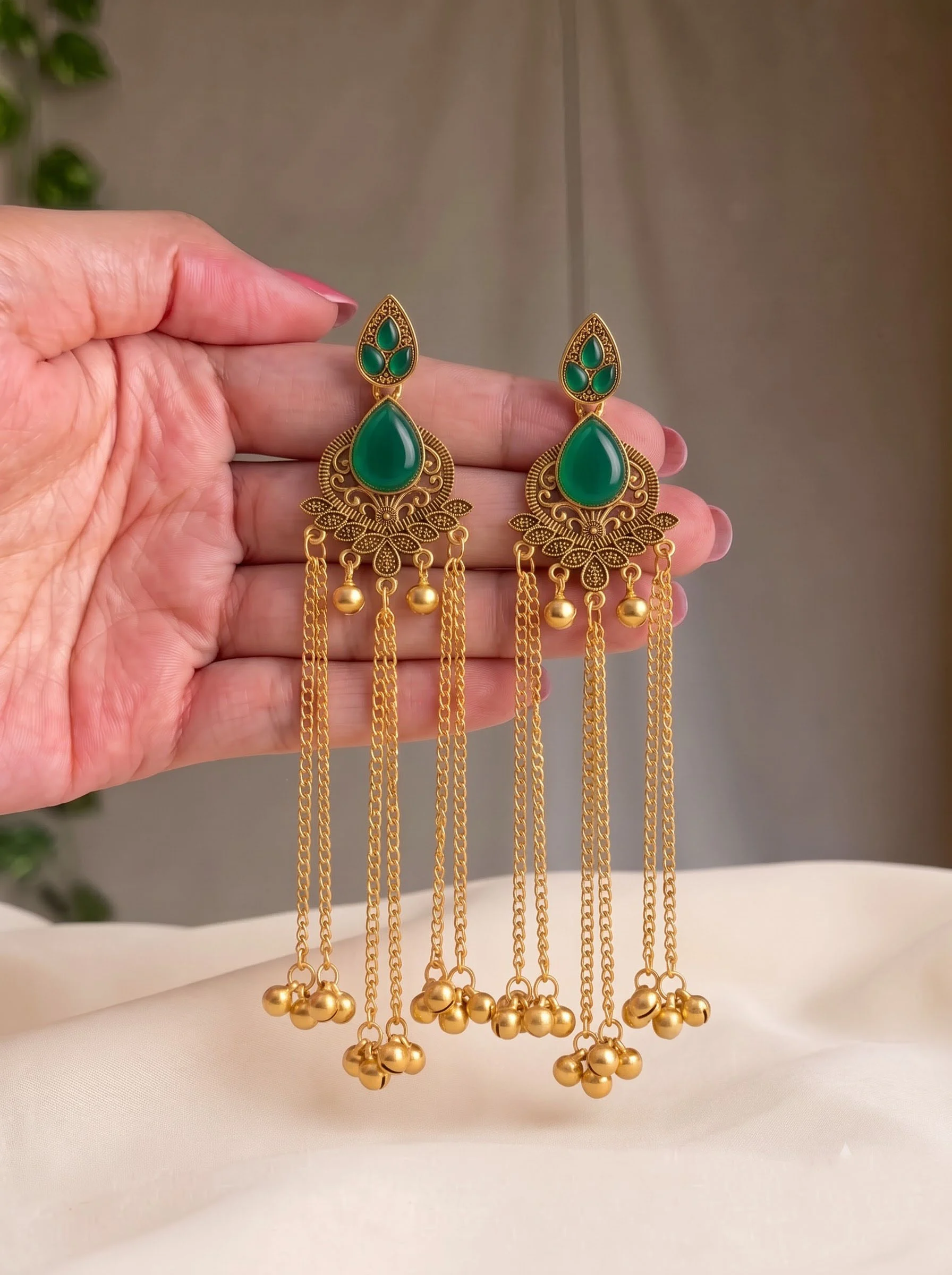 Emerald Green Antique Gold Tassel Earrings - Image 3
