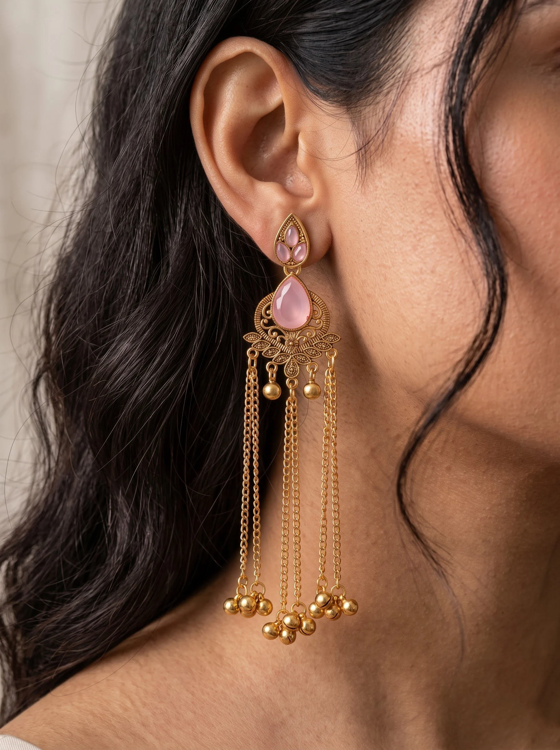 Pink Stone Antique Gold Tassel Earrings - Image 3