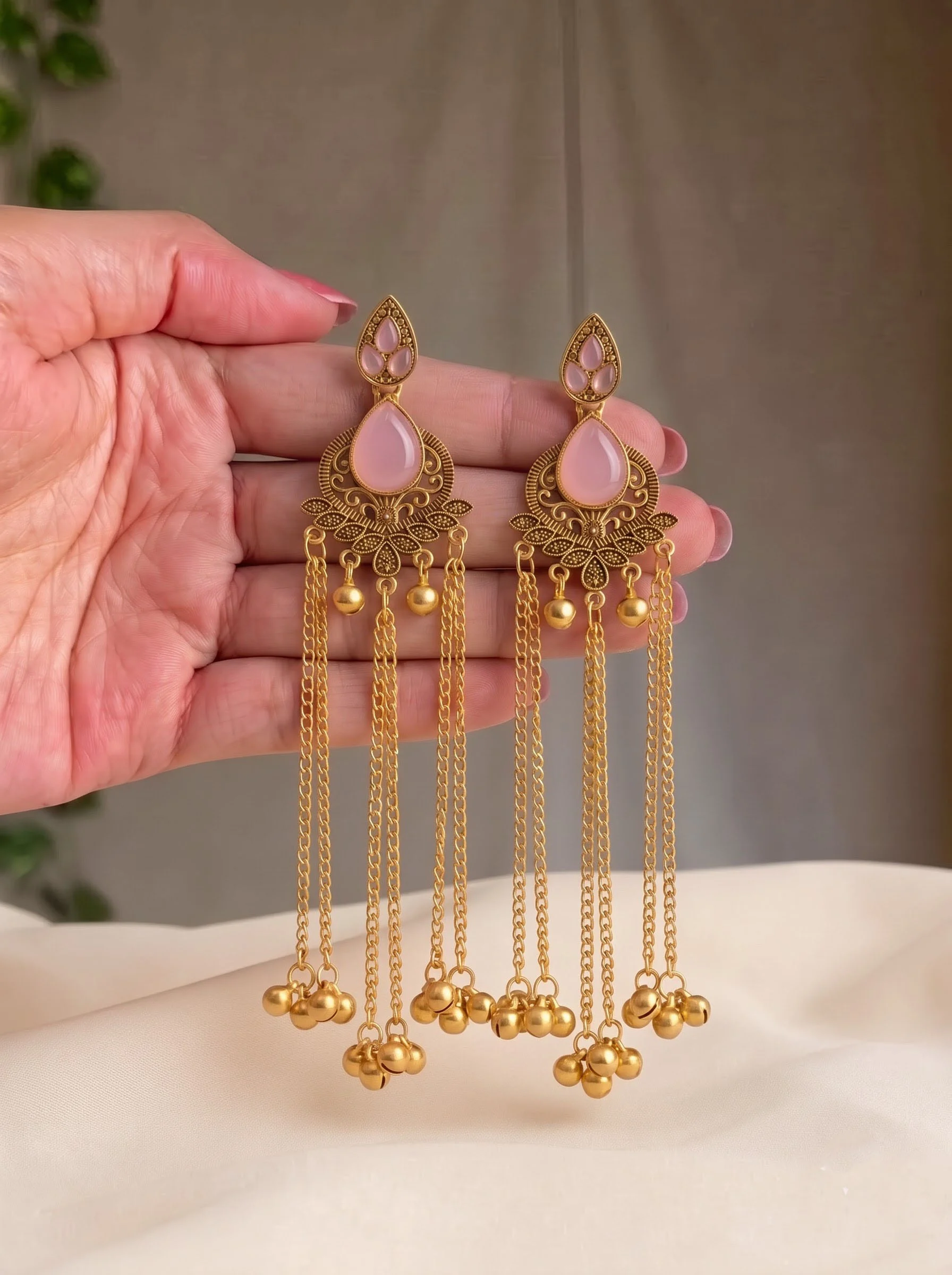 Pink Stone Antique Gold Tassel Earrings - Image 4