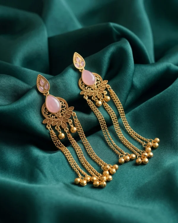 Pink Stone Antique Gold Tassel Earrings