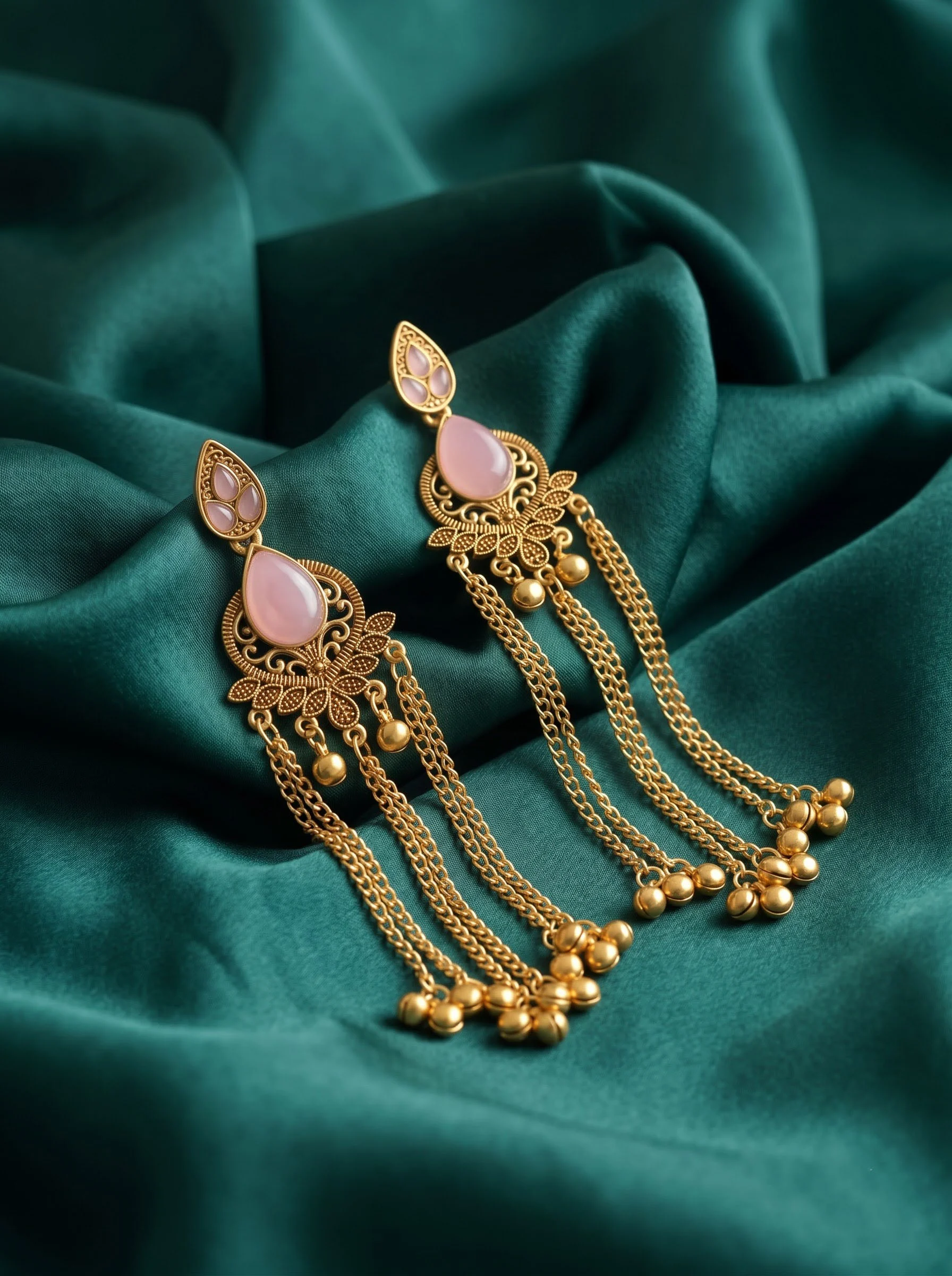 Pink Stone Antique Gold Tassel Earrings