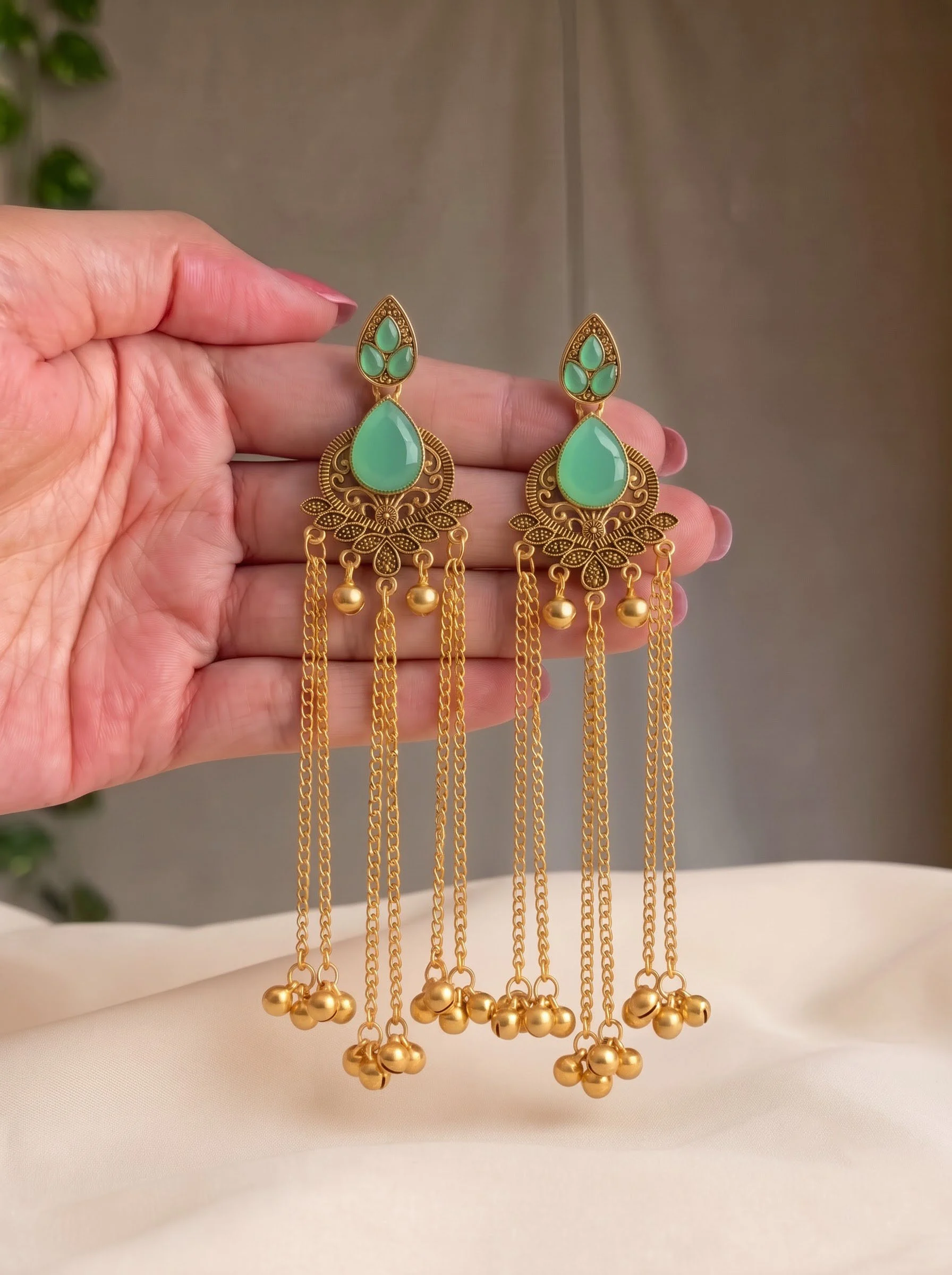 Mint Green Antique Gold Tassel Earrings - Image 2