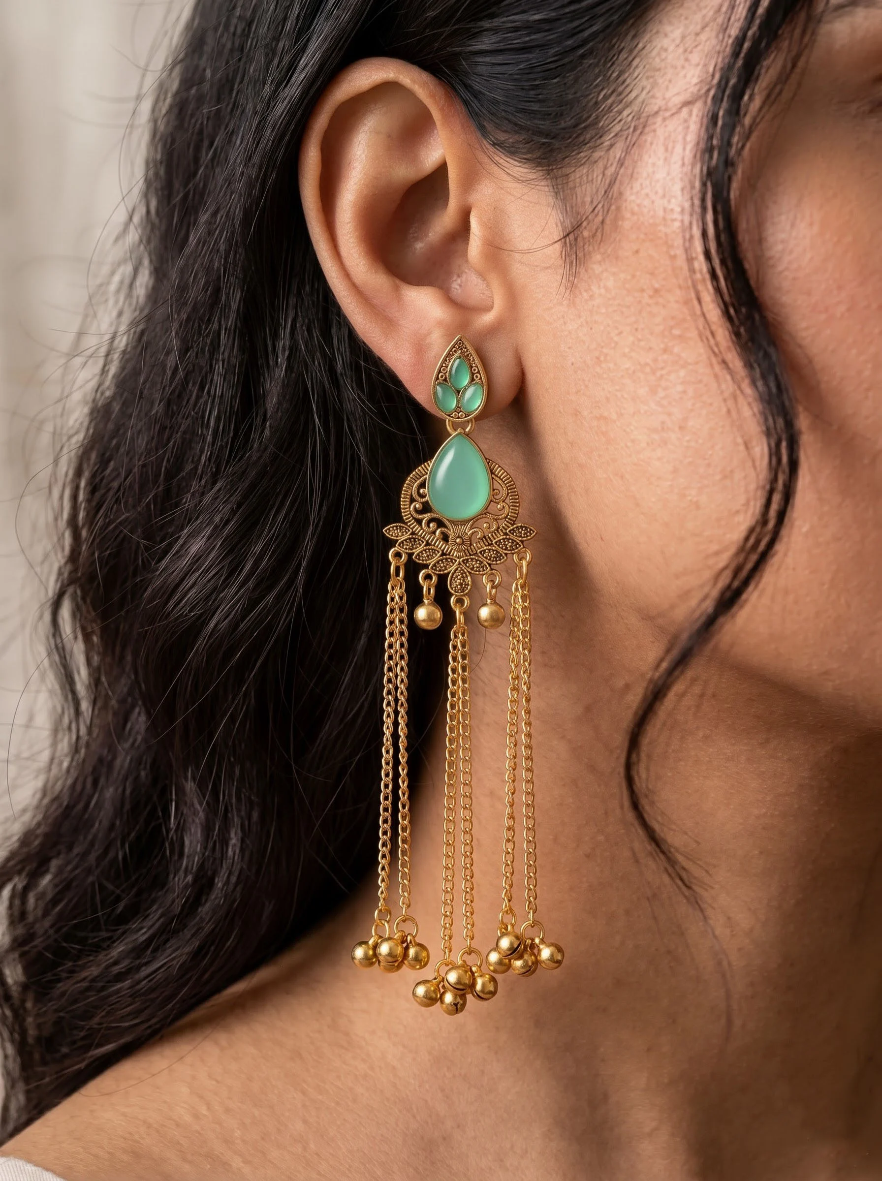 Mint Green Antique Gold Tassel Earrings - Image 3