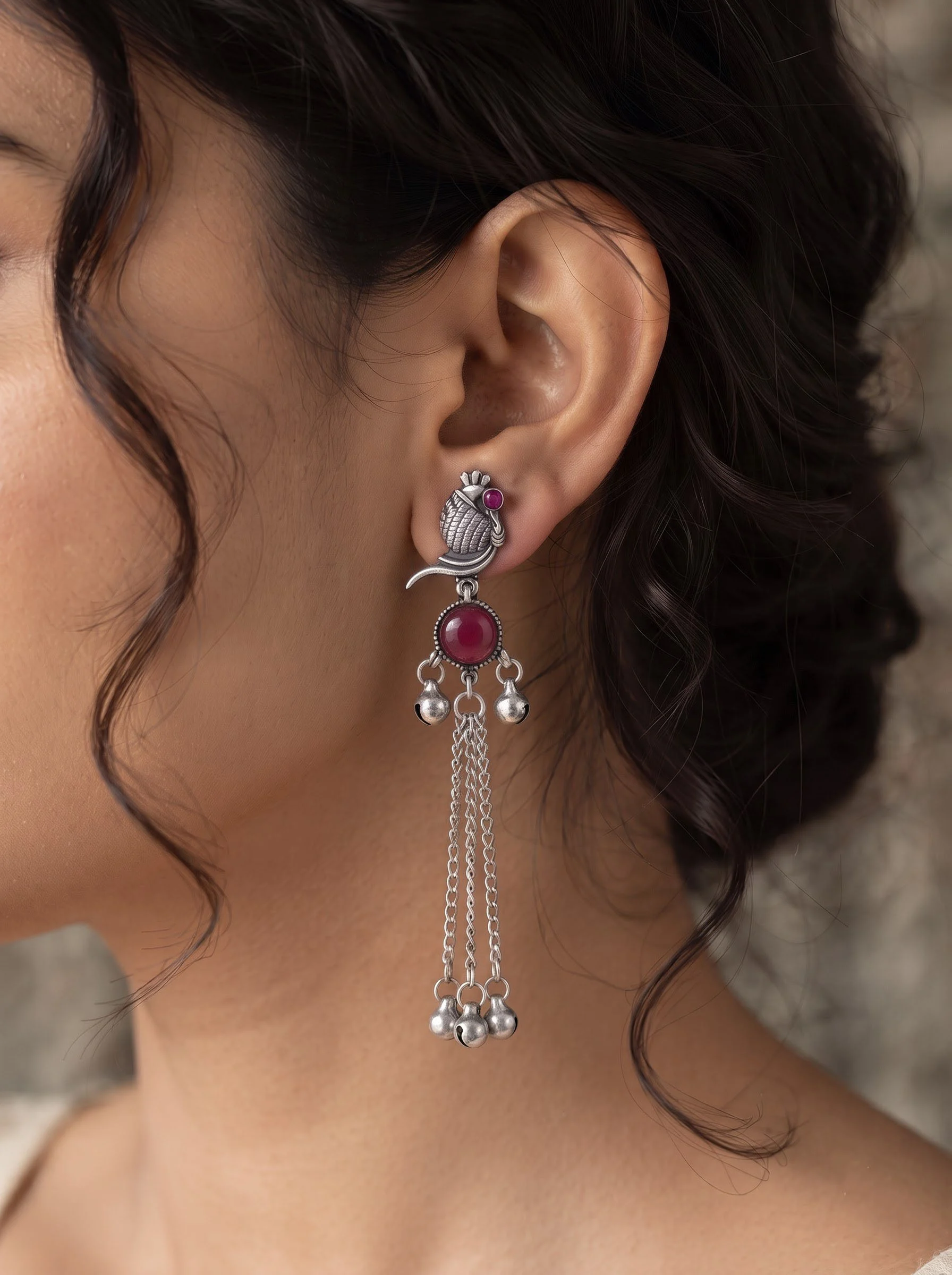 Pink Stone Oxidized Silver Bird Tassel Earrings - Image 2
