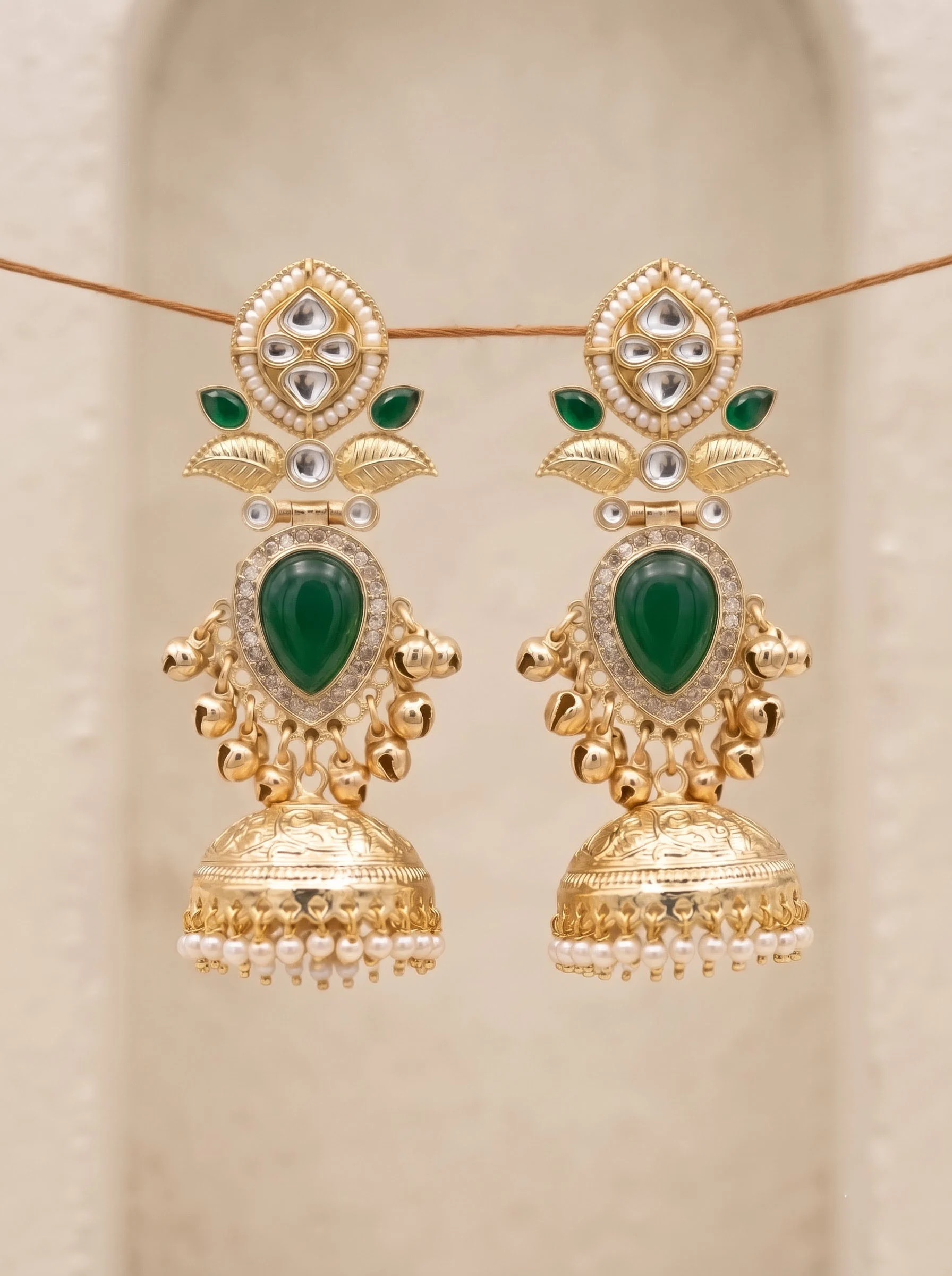 Green Stone Floral Jhumka Earrings - Image 2