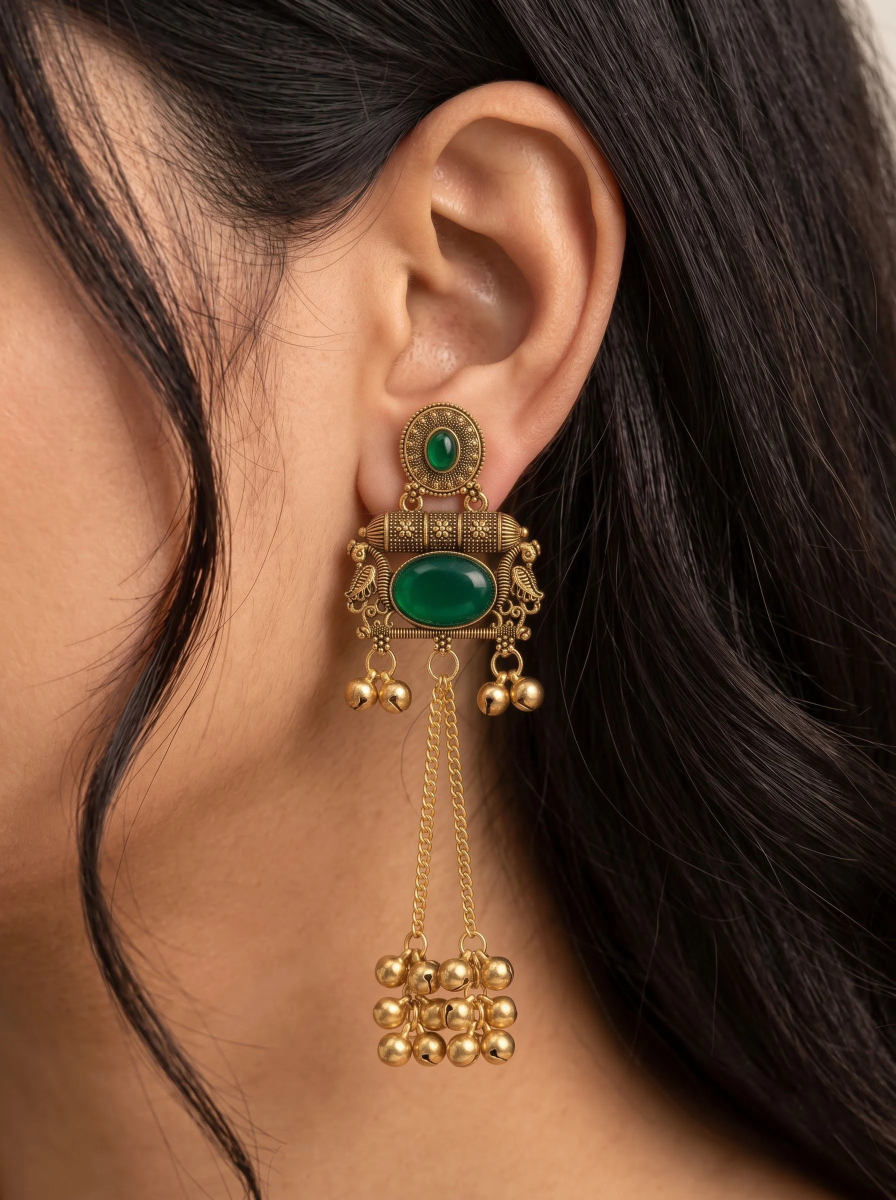 Emerald Green Stone Antique Gold Statement Earrings - Image 3