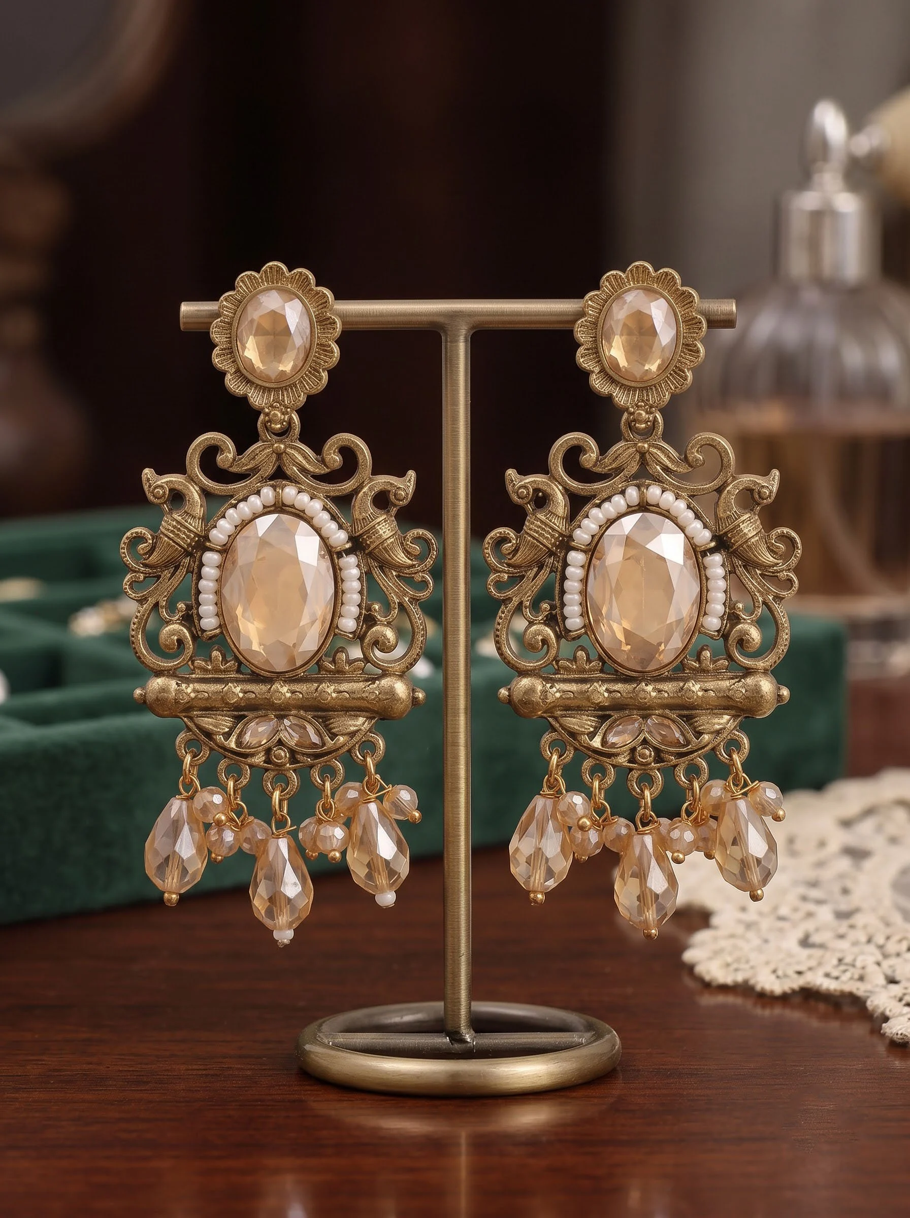 Peach Stone Antique Gold Earrings - Image 4