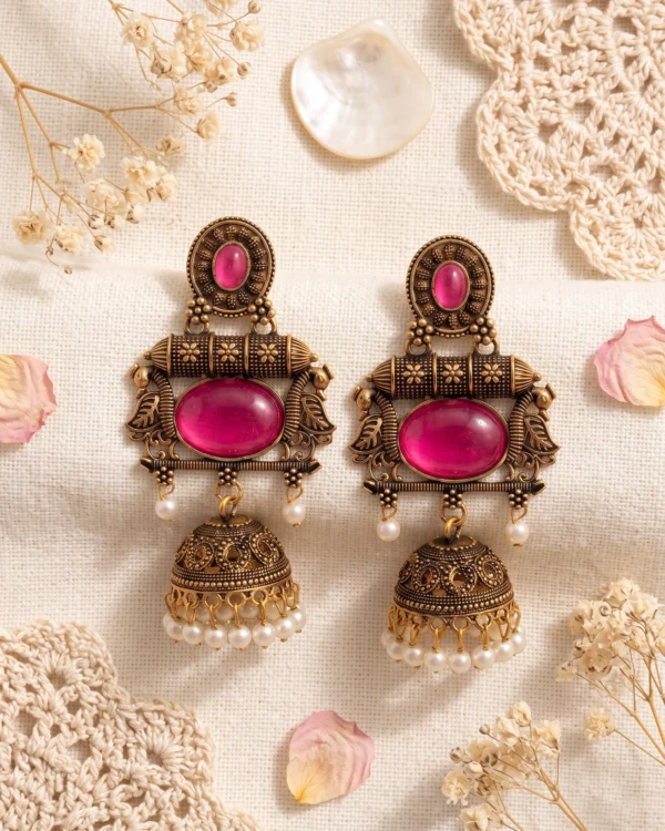Pink Stone Antique Jhumka Earrings