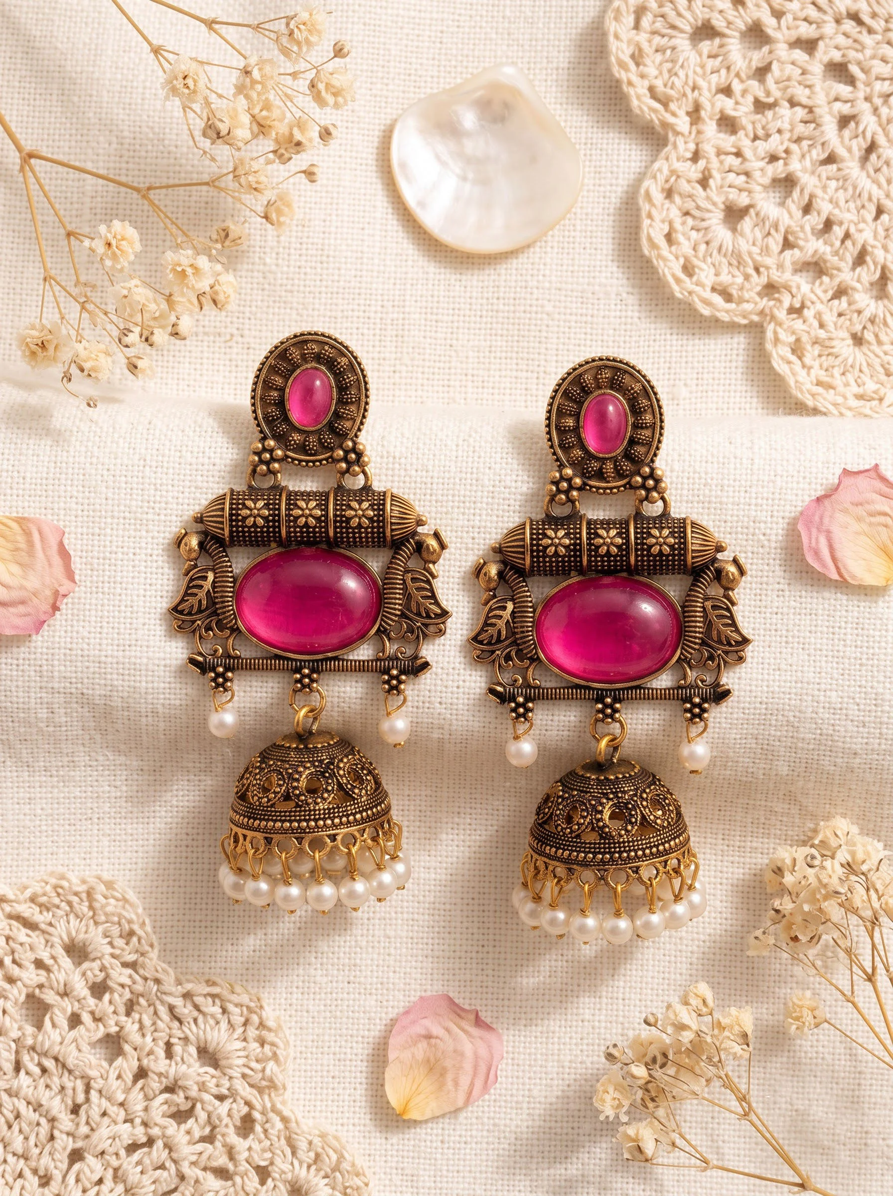 Pink Stone Antique Jhumka Earrings