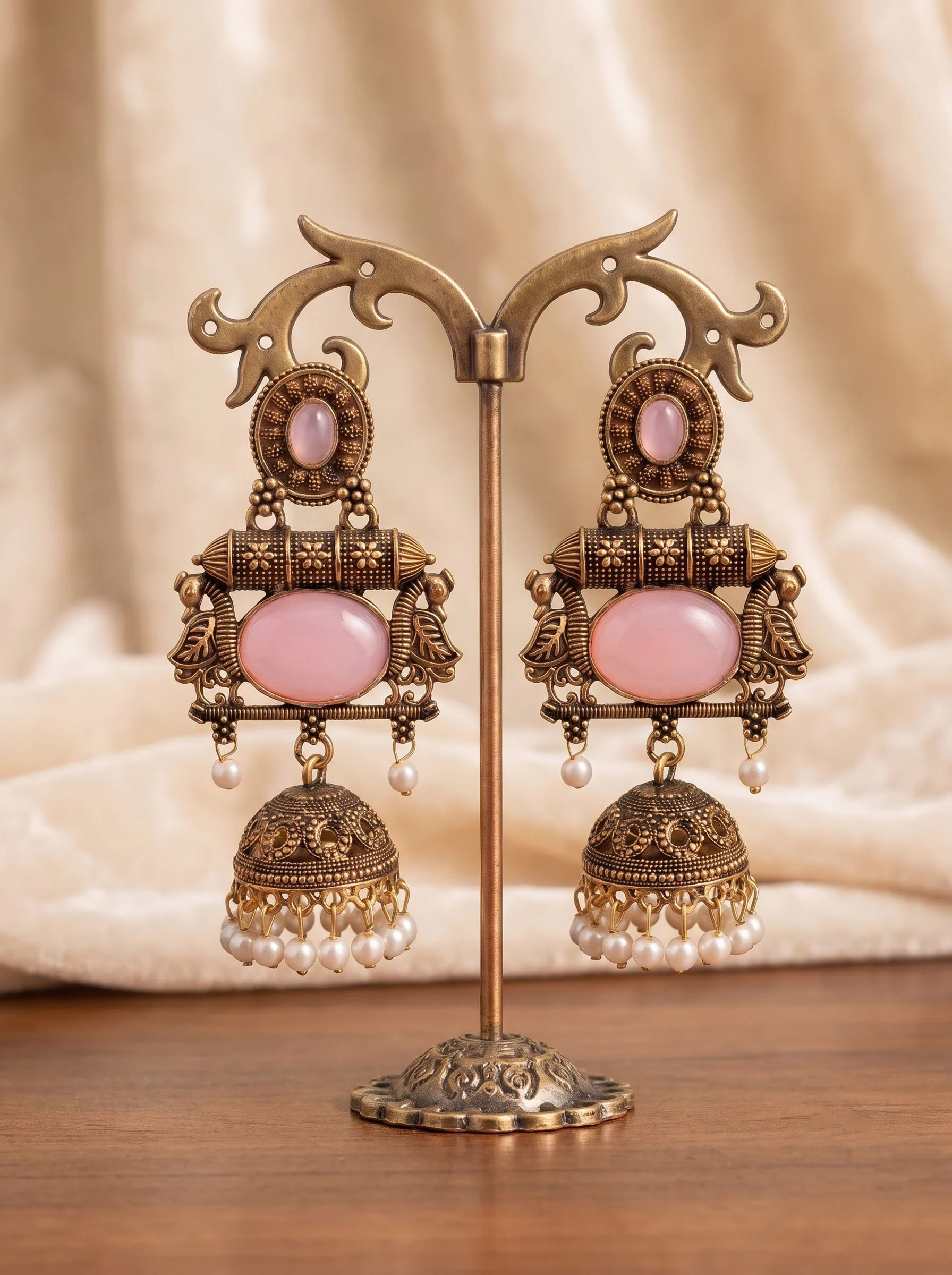 Pink Stone Antique Jhumka Earrings