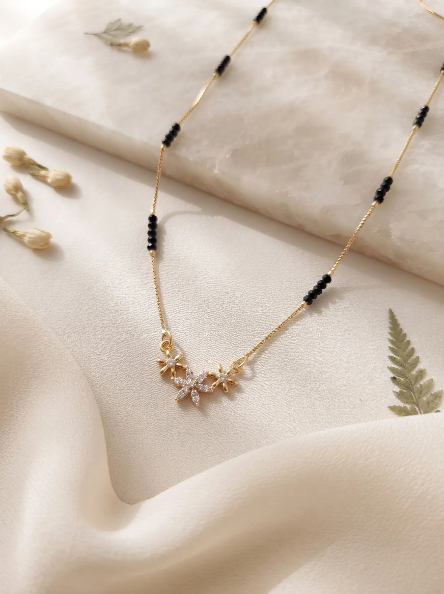 Triple Flower Black Bead Necklace
