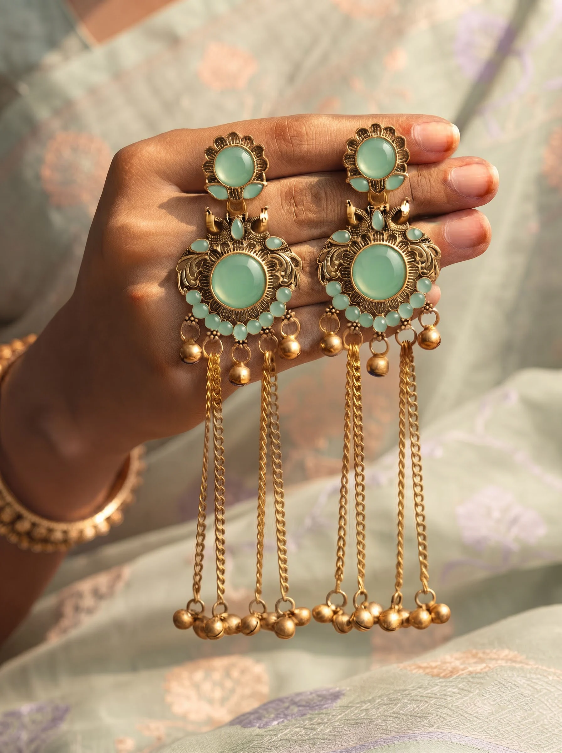 Mint Peacock Tassel Earrings - Image 2