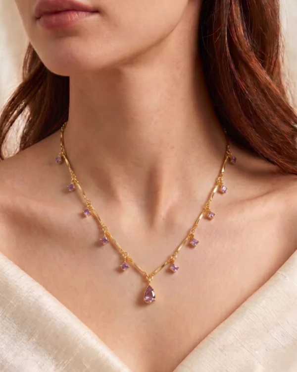 Pink Crystal Drop Chain Necklace