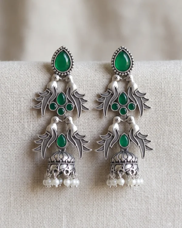 Oxidised Green Bird Jhumka