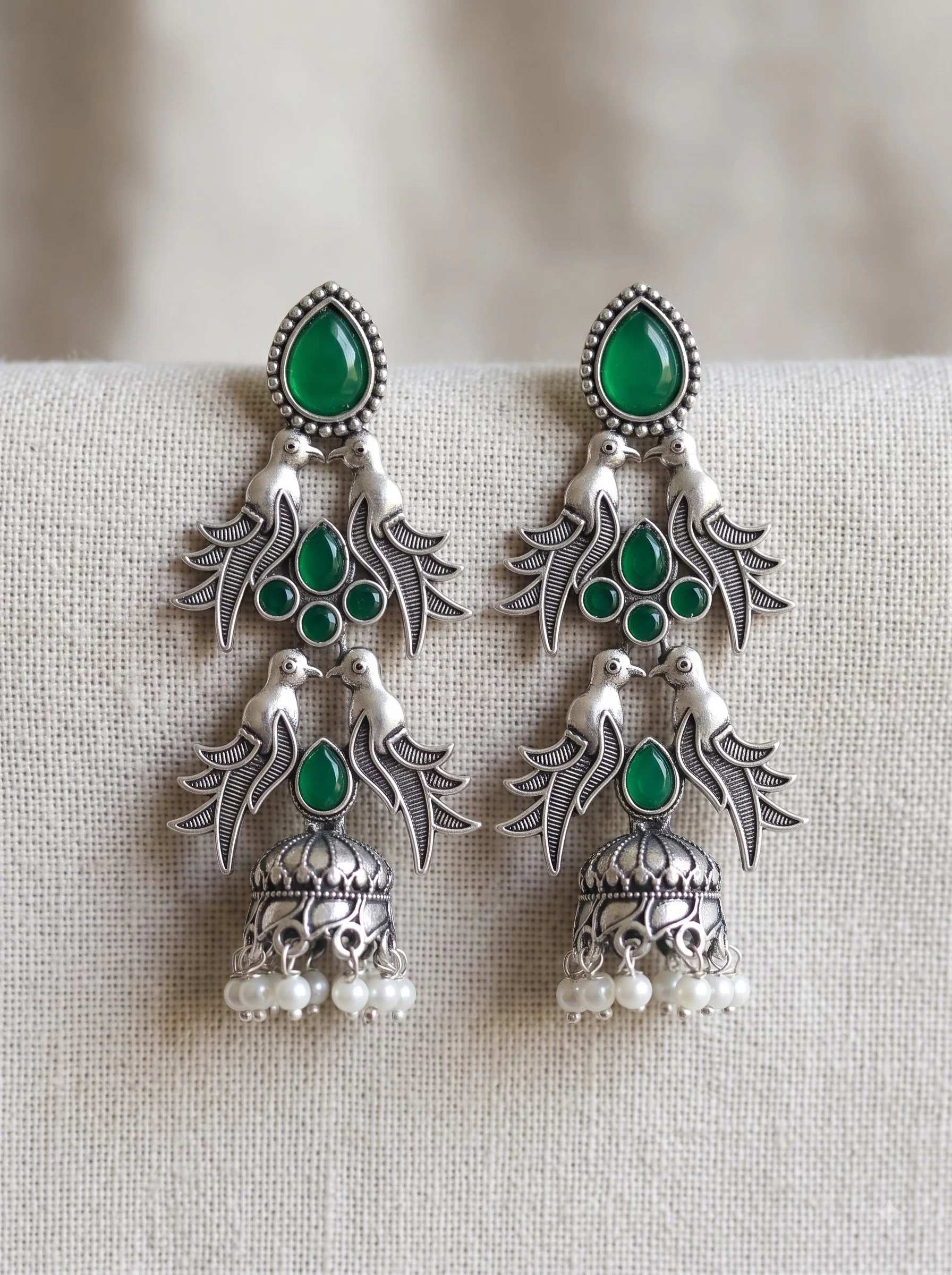 Oxidised Green Bird Jhumka