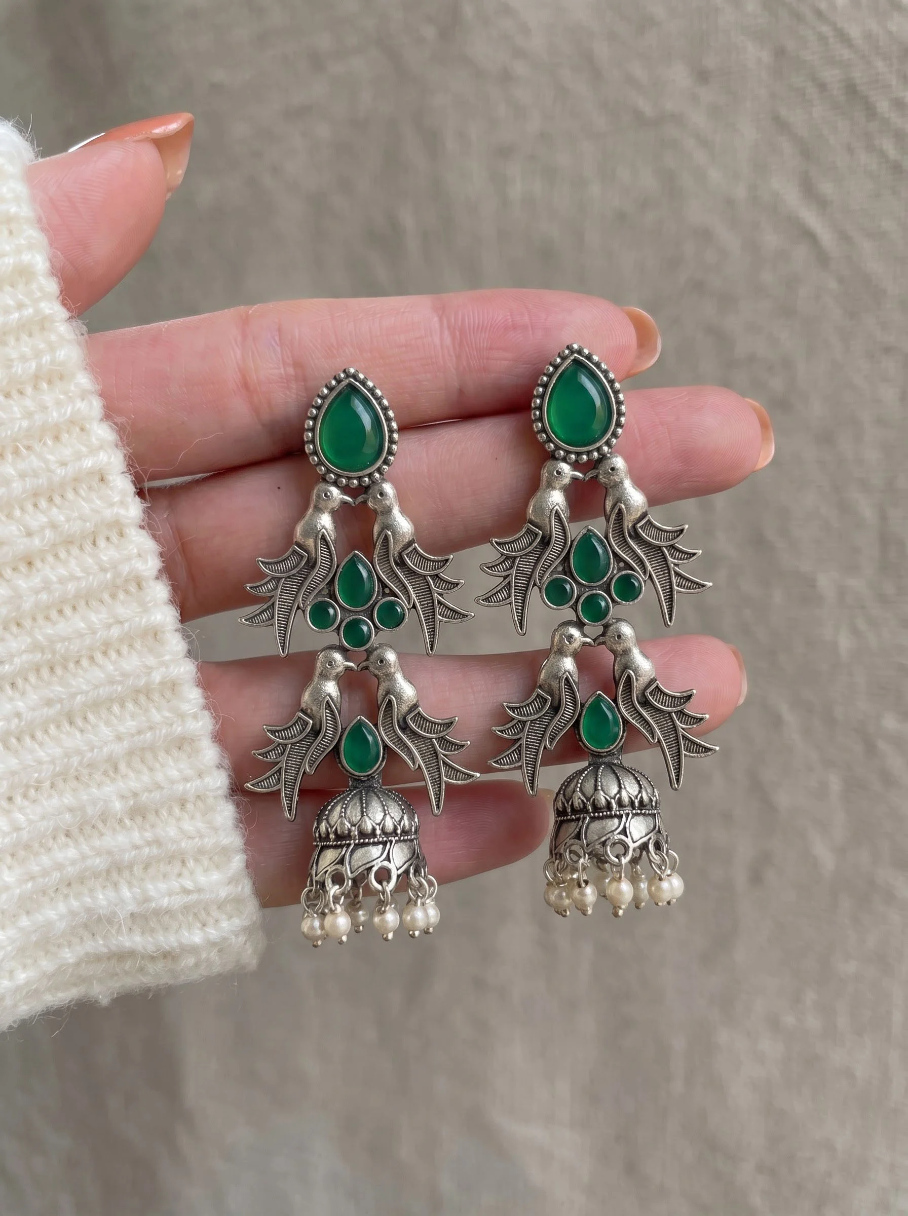 Oxidised Green Bird Jhumka - Image 2