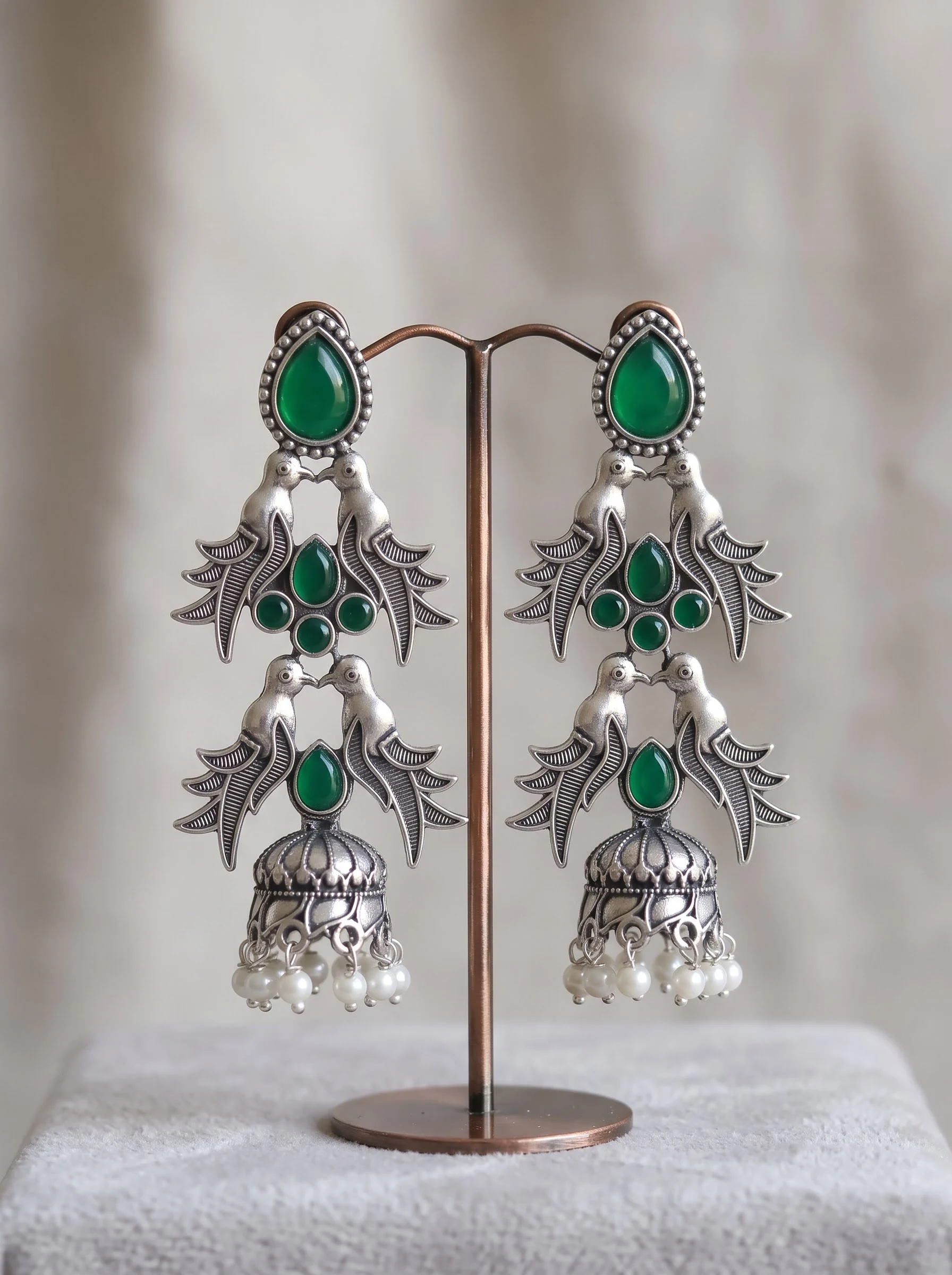 Oxidised Green Bird Jhumka - Image 3