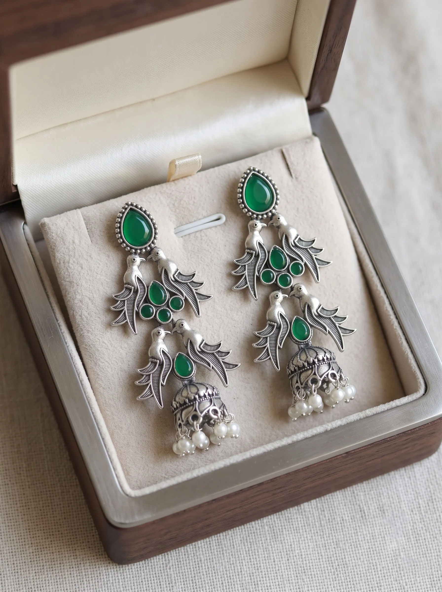 Oxidised Green Bird Jhumka - Image 4