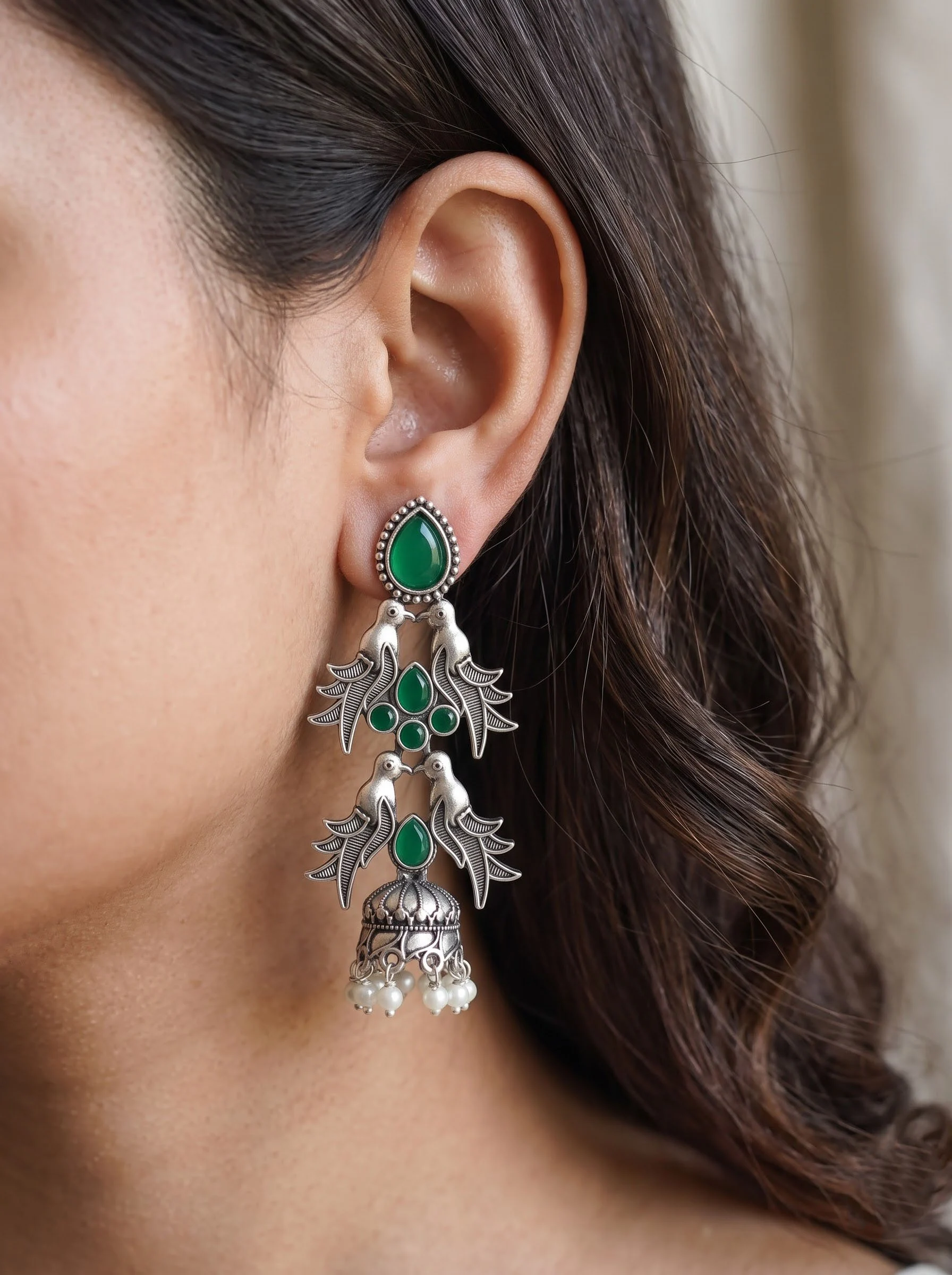Oxidised Green Bird Jhumka - Image 5