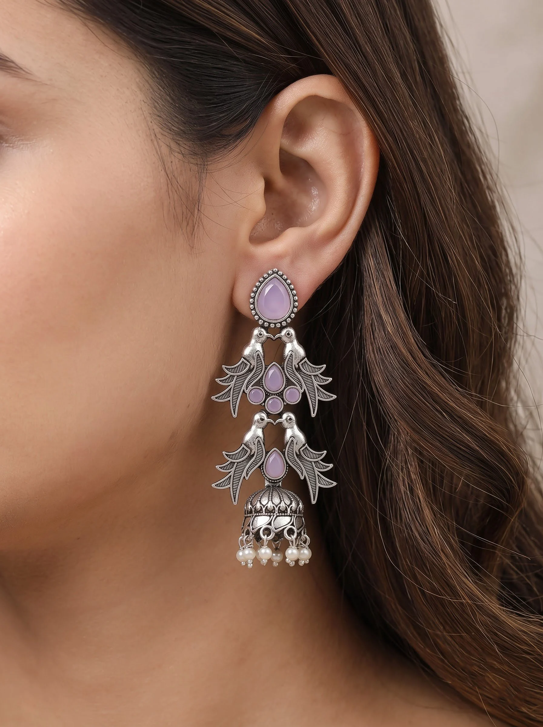 Oxidised Purple Bird Jhumka - Image 2
