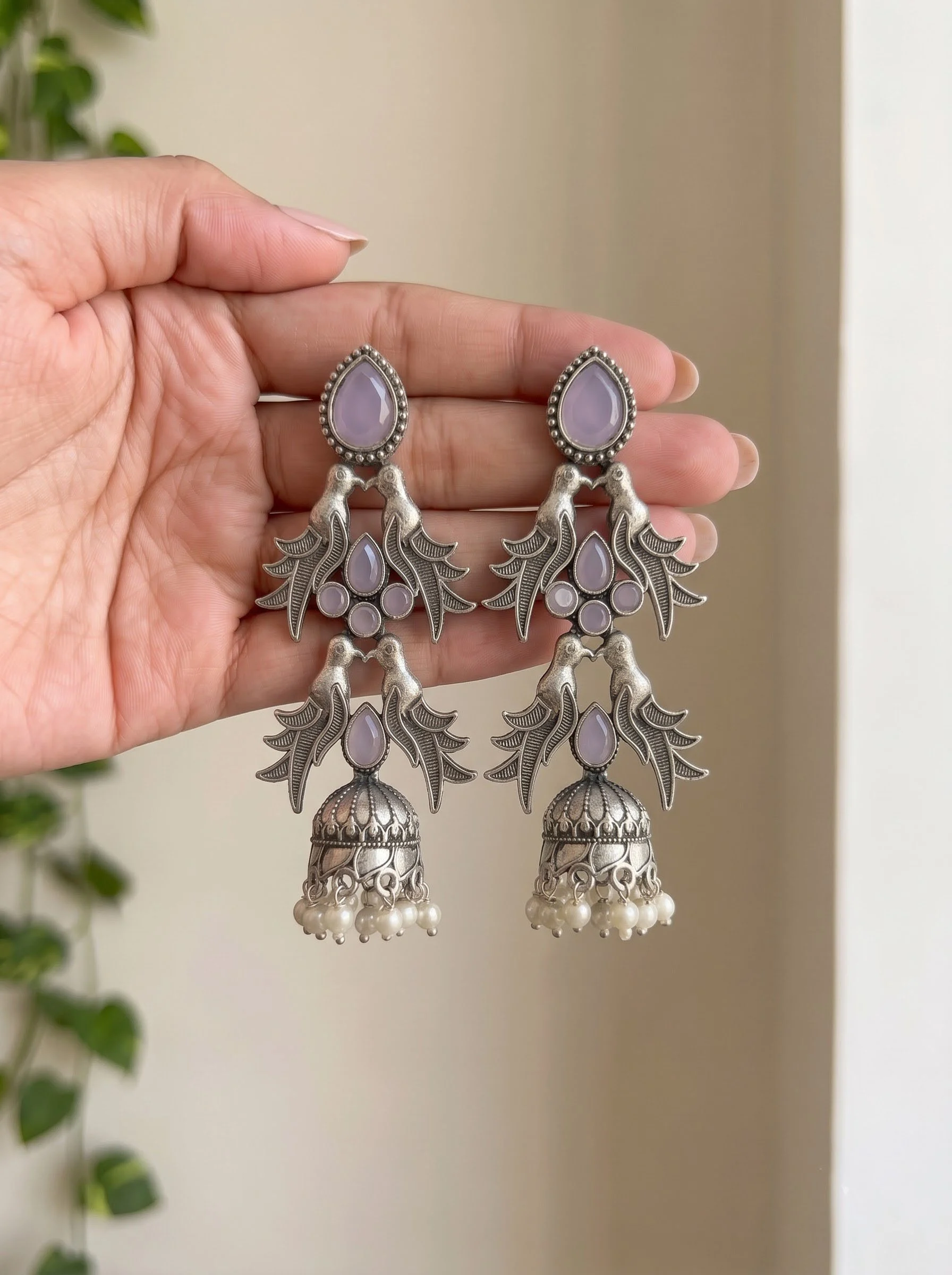 Oxidised Purple Bird Jhumka - Image 4