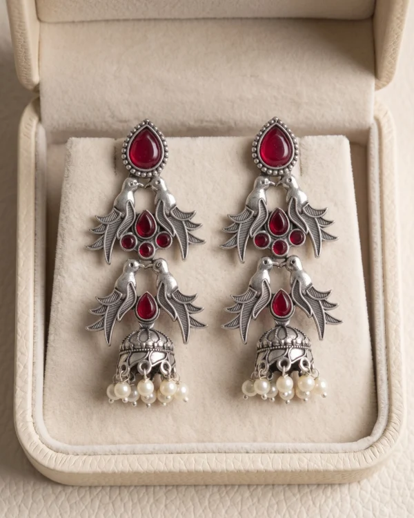 Oxidised Maroon Bird Jhumka
